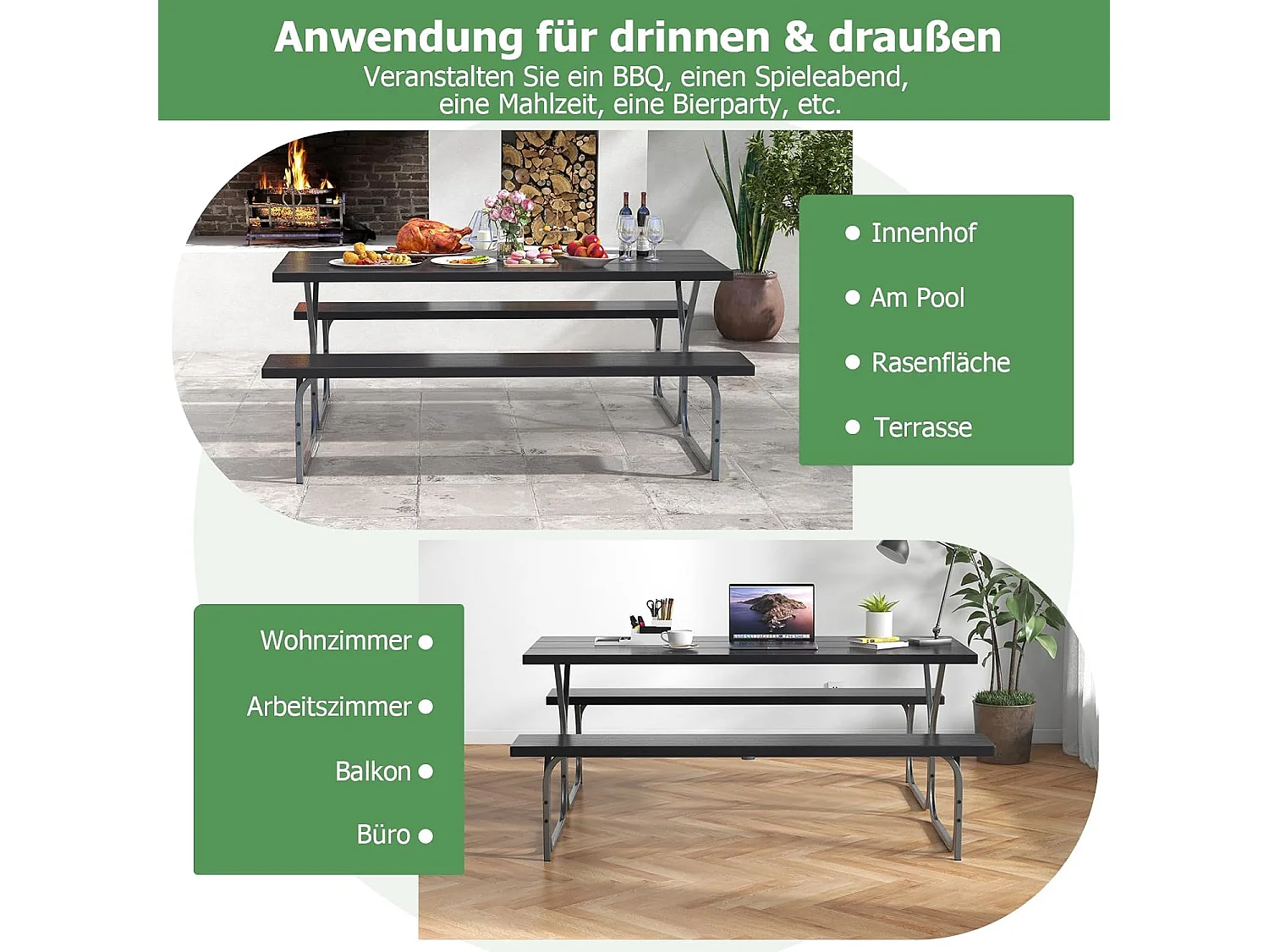 Biertentgarnituur, 183 cm, biertafelset met weerbestendig HDPE-tafelblad en parasolgat, biertafel met 2 banken, zitgarnituur voor 6-8 personen voor tuin ZB33488
