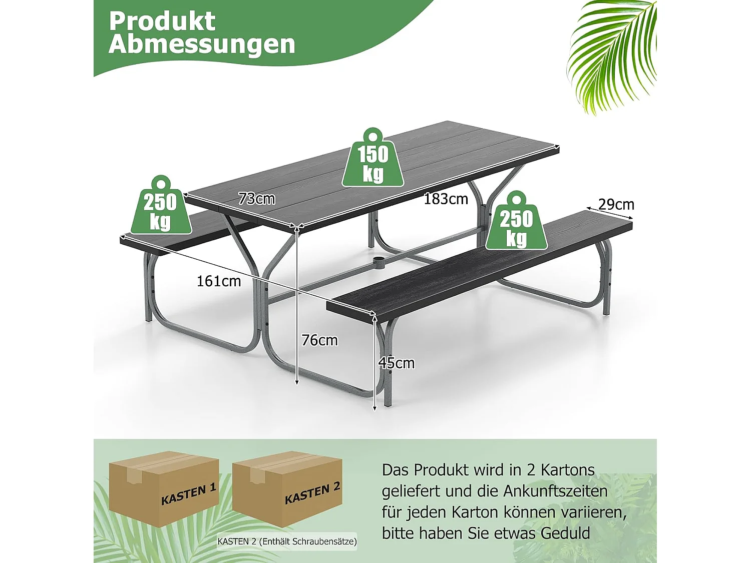 Biertentgarnituur, 183 cm, biertafelset met weerbestendig HDPE-tafelblad en parasolgat, biertafel met 2 banken, zitgarnituur voor 6-8 personen voor tuin ZB33488