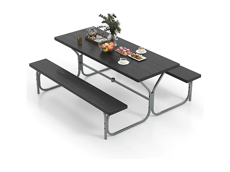 Biertentgarnituur, 183 cm, biertafelset met weerbestendig HDPE-tafelblad en parasolgat, biertafel met 2 banken, zitgarnituur voor 6-8 personen voor tuin ZB33488