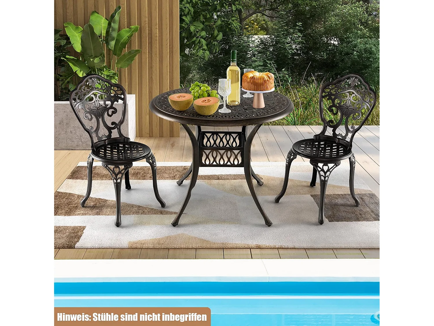 Tuintafel met paraplugat, ronde balkontafel van gegoten aluminium, weerbestendige terrastafel voor tuin, antieke look, 90 x 90 x 74 cmZB32178