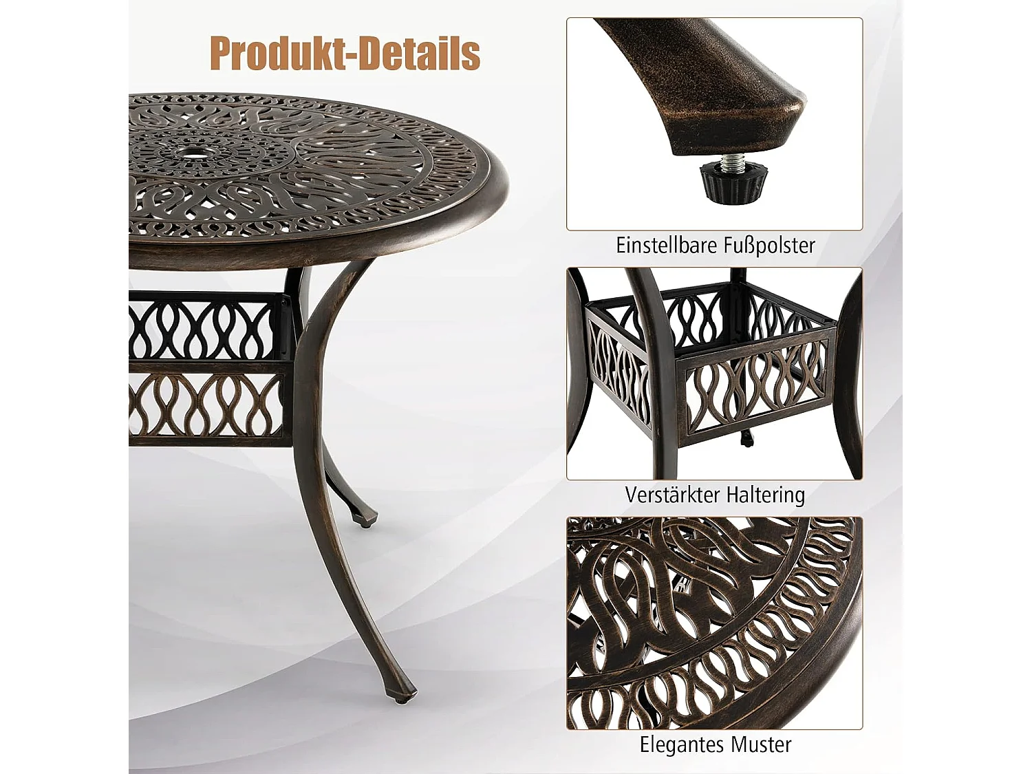 Tuintafel met paraplugat, ronde balkontafel van gegoten aluminium, weerbestendige terrastafel voor tuin, antieke look, 90 x 90 x 74 cmZB32178