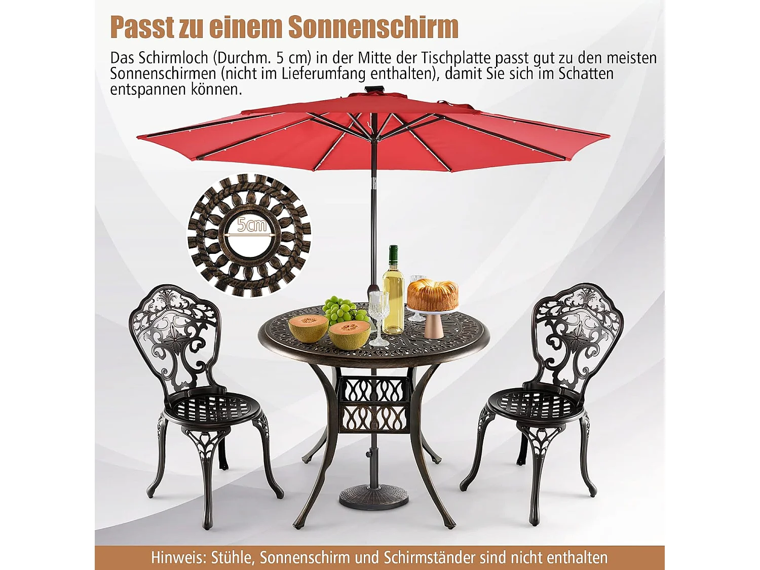 Tuintafel met paraplugat, ronde balkontafel van gegoten aluminium, weerbestendige terrastafel voor tuin, antieke look, 90 x 90 x 74 cmZB32178