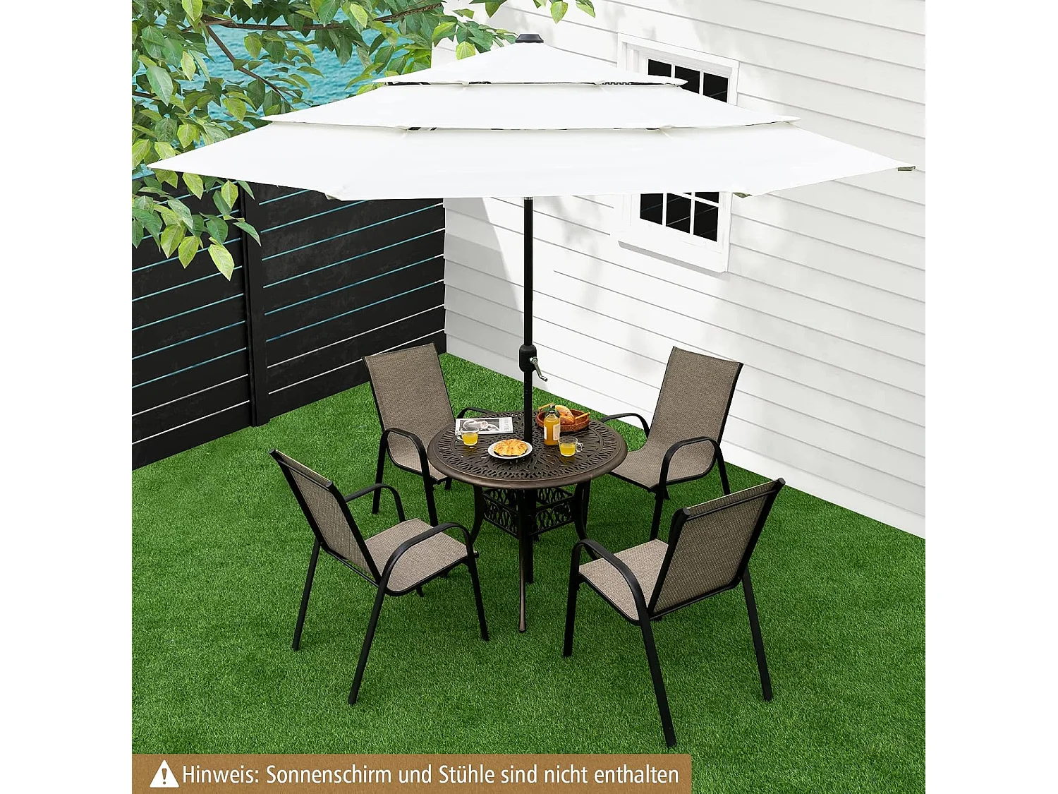 Tuintafel met paraplugat, ronde balkontafel van gegoten aluminium, weerbestendige terrastafel voor tuin, antieke look, 90 x 90 x 74 cmZB32178