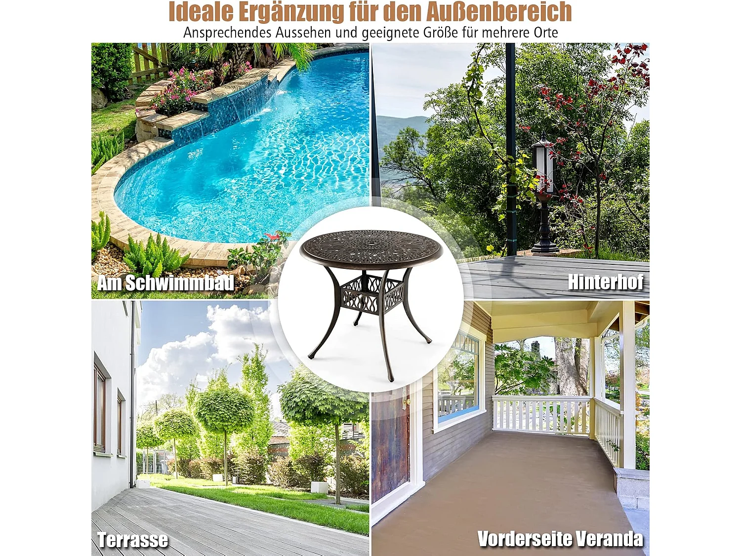 Tuintafel met paraplugat, ronde balkontafel van gegoten aluminium, weerbestendige terrastafel voor tuin, antieke look, 90 x 90 x 74 cmZB32178