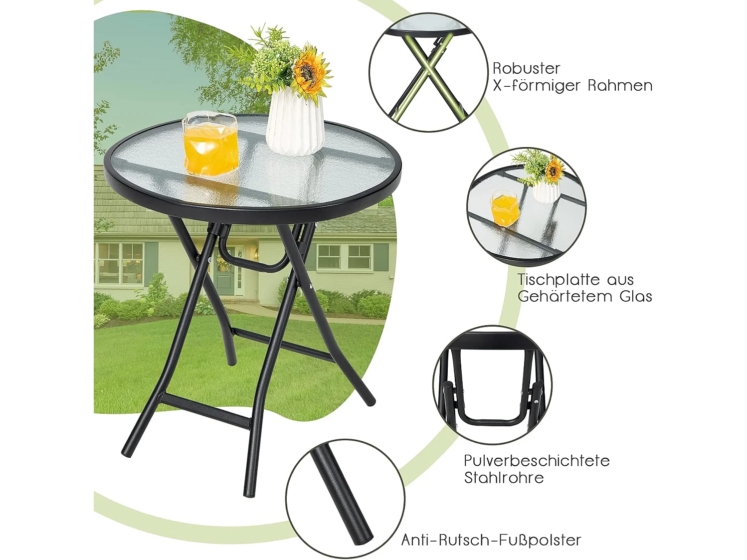 Kleine bistrotafel, inklapbare bijzettafel, ronde tuintafel, diameter 46 cm, salontafel met tafelblad van gehard glas, balkontafel voor terras, balkon, tuin