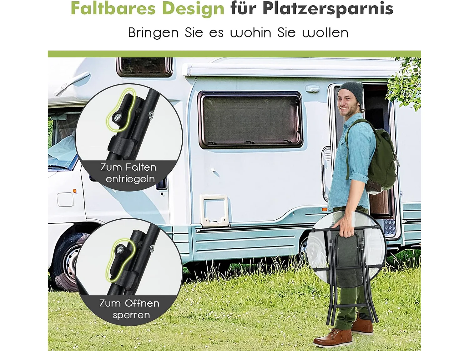 Kleine bistrotafel, inklapbare bijzettafel, ronde tuintafel, diameter 46 cm, salontafel met tafelblad van gehard glas, balkontafel voor terras, balkon, tuin