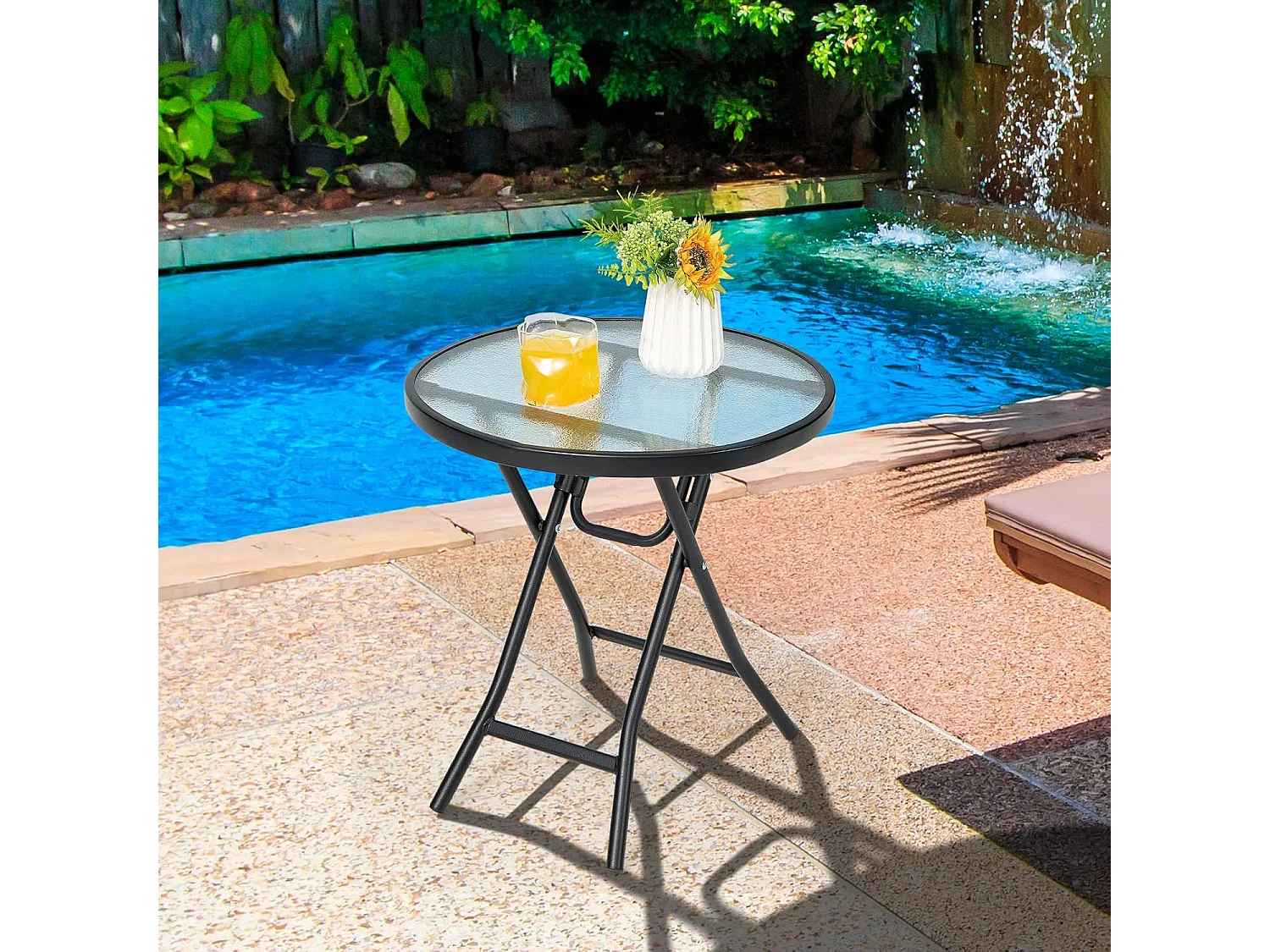 Kleine bistrotafel, inklapbare bijzettafel, ronde tuintafel, diameter 46 cm, salontafel met tafelblad van gehard glas, balkontafel voor terras, balkon, tuin