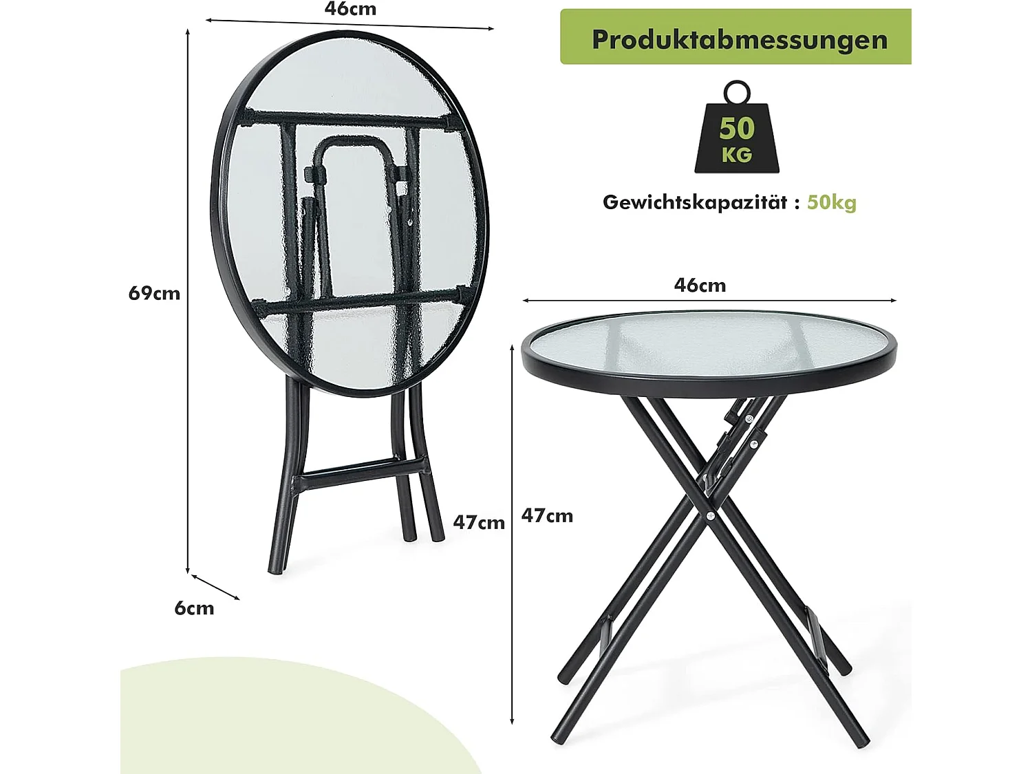 Kleine bistrotafel, inklapbare bijzettafel, ronde tuintafel, diameter 46 cm, salontafel met tafelblad van gehard glas, balkontafel voor terras, balkon, tuin