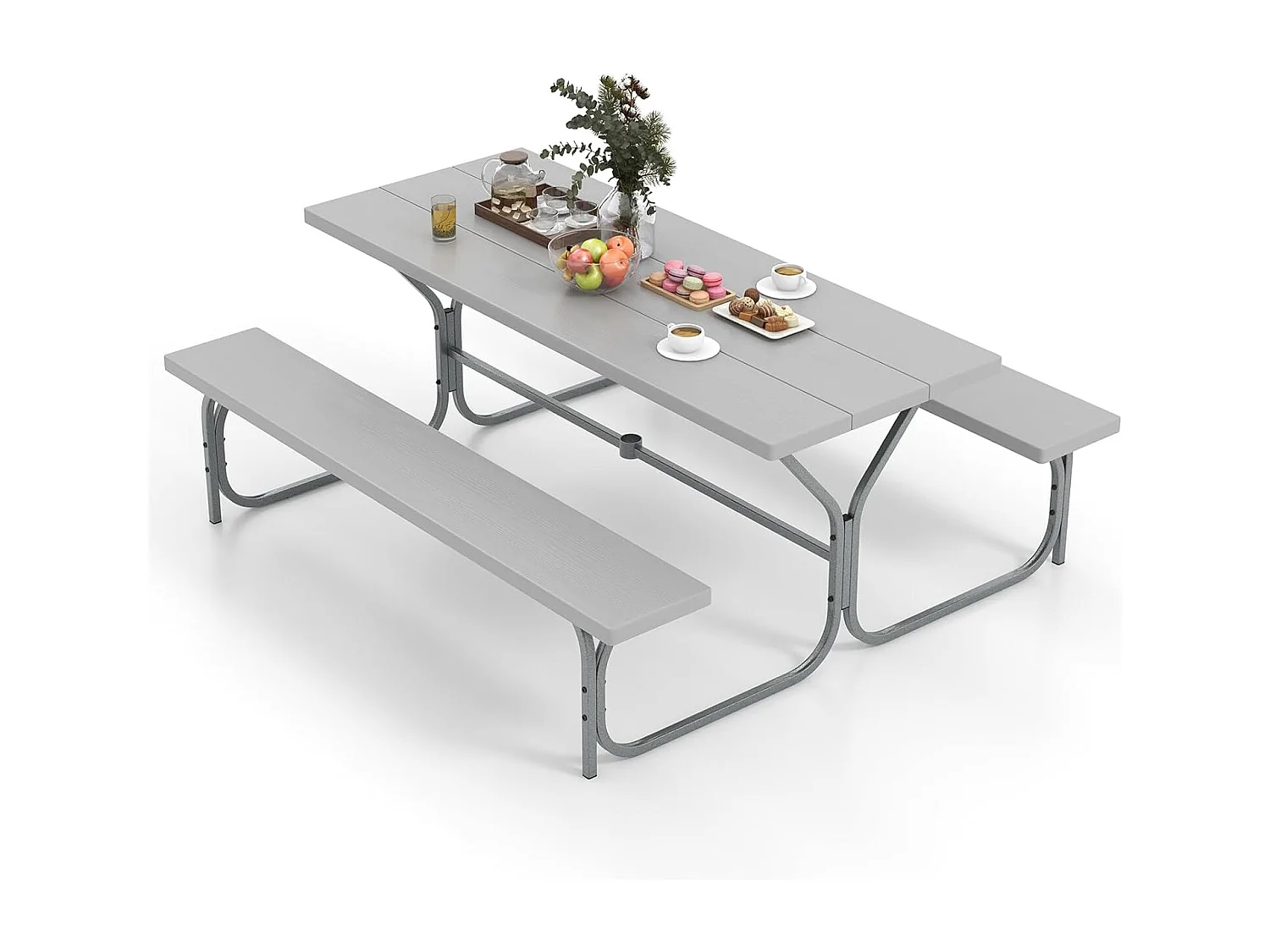 Biertentgarnituur, 183 cm, biertafelset met weerbestendig HDPE-tafelblad en parasolgat, biertafel met 2 banken, zitgarnituur voor 6-8 personen voor tuin ZB33488