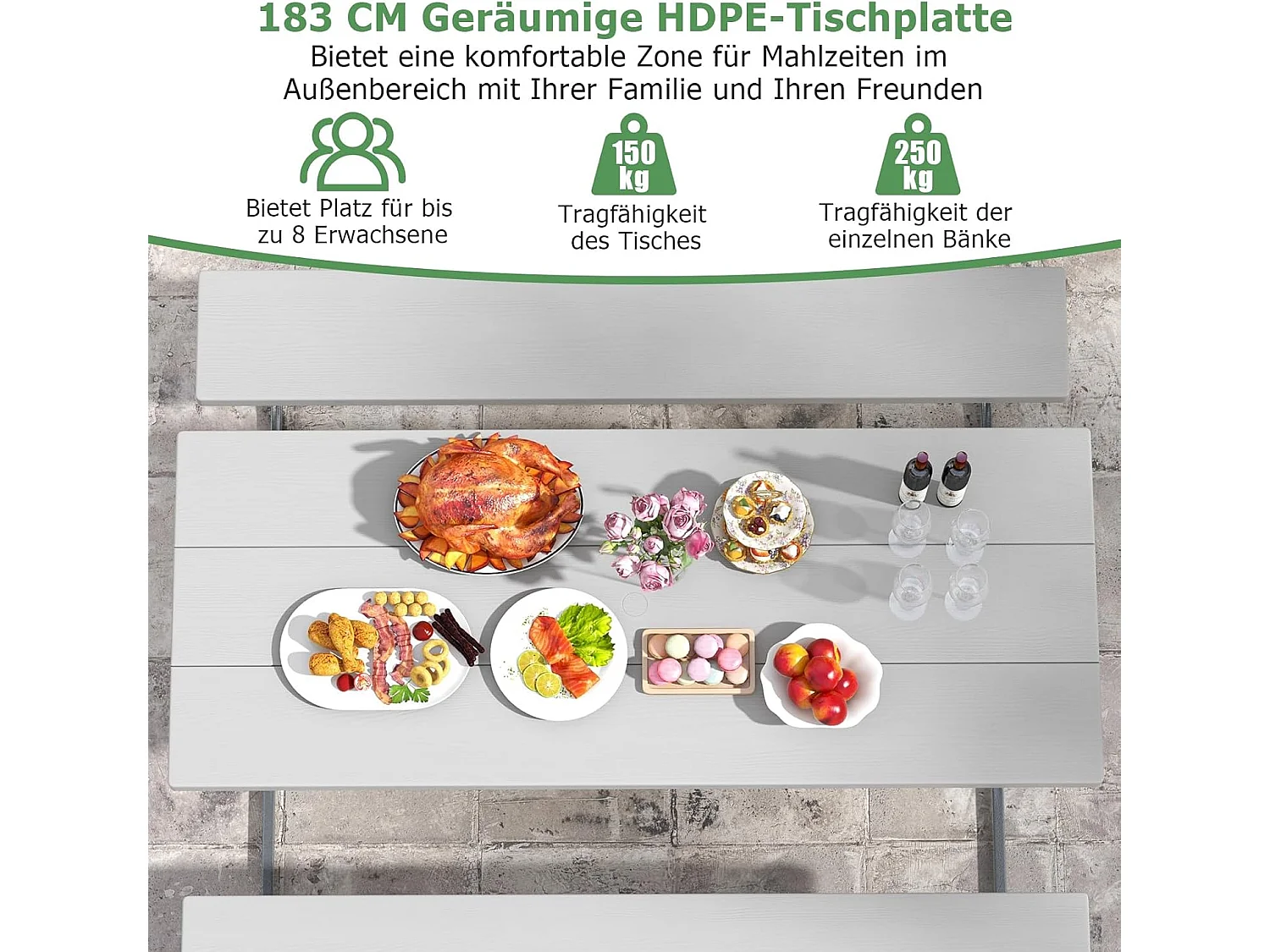 Biertentgarnituur, 183 cm, biertafelset met weerbestendig HDPE-tafelblad en parasolgat, biertafel met 2 banken, zitgarnituur voor 6-8 personen voor tuin ZB33488