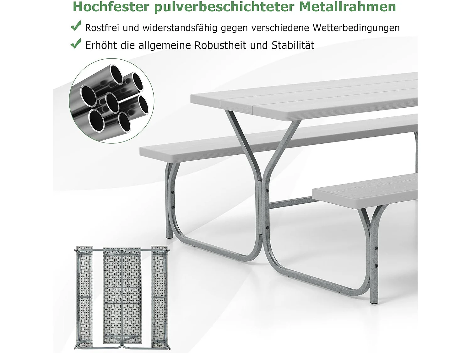 Biertentgarnituur, 183 cm, biertafelset met weerbestendig HDPE-tafelblad en parasolgat, biertafel met 2 banken, zitgarnituur voor 6-8 personen voor tuin ZB33488
