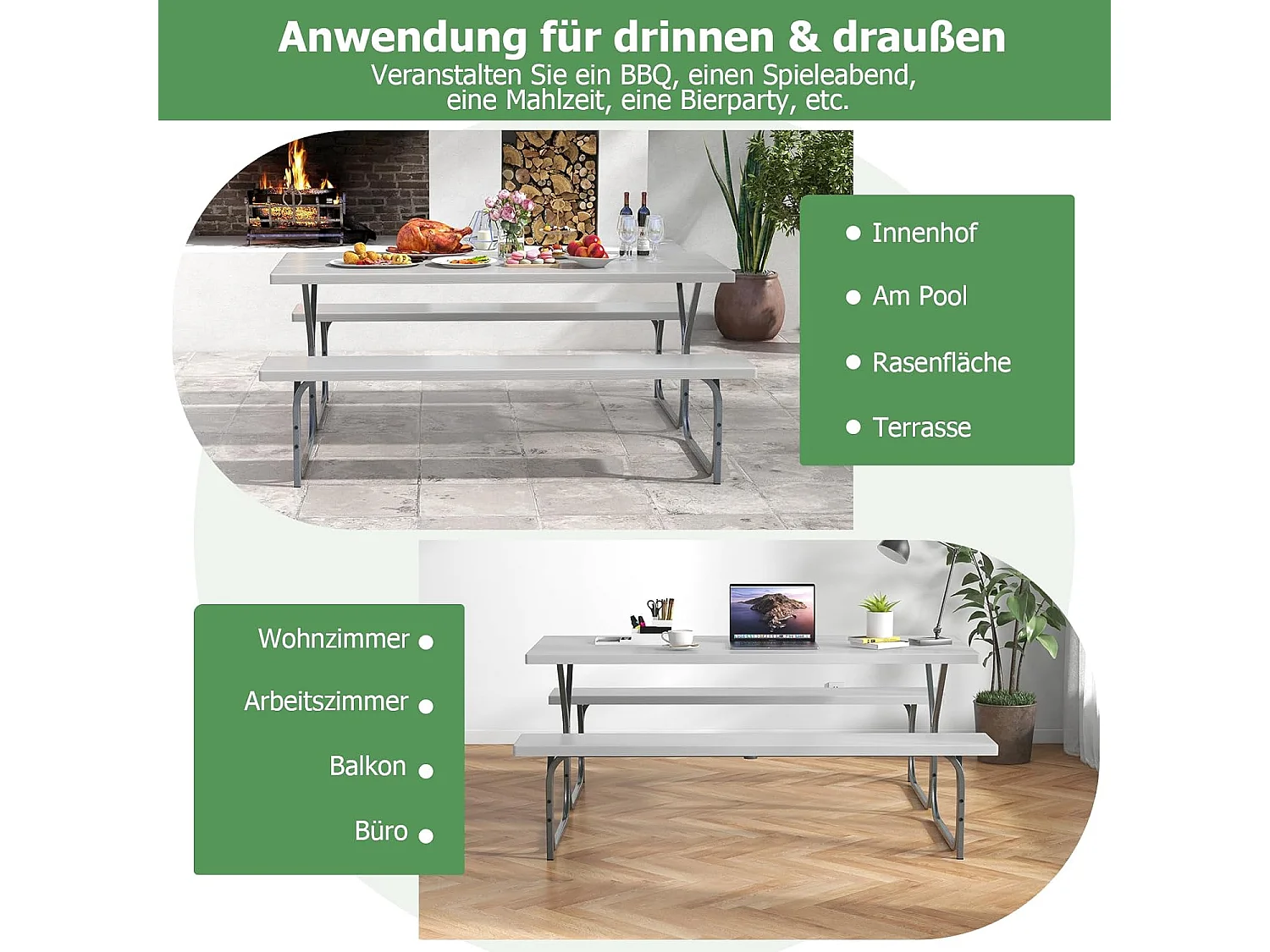 Biertentgarnituur, 183 cm, biertafelset met weerbestendig HDPE-tafelblad en parasolgat, biertafel met 2 banken, zitgarnituur voor 6-8 personen voor tuin ZB33488