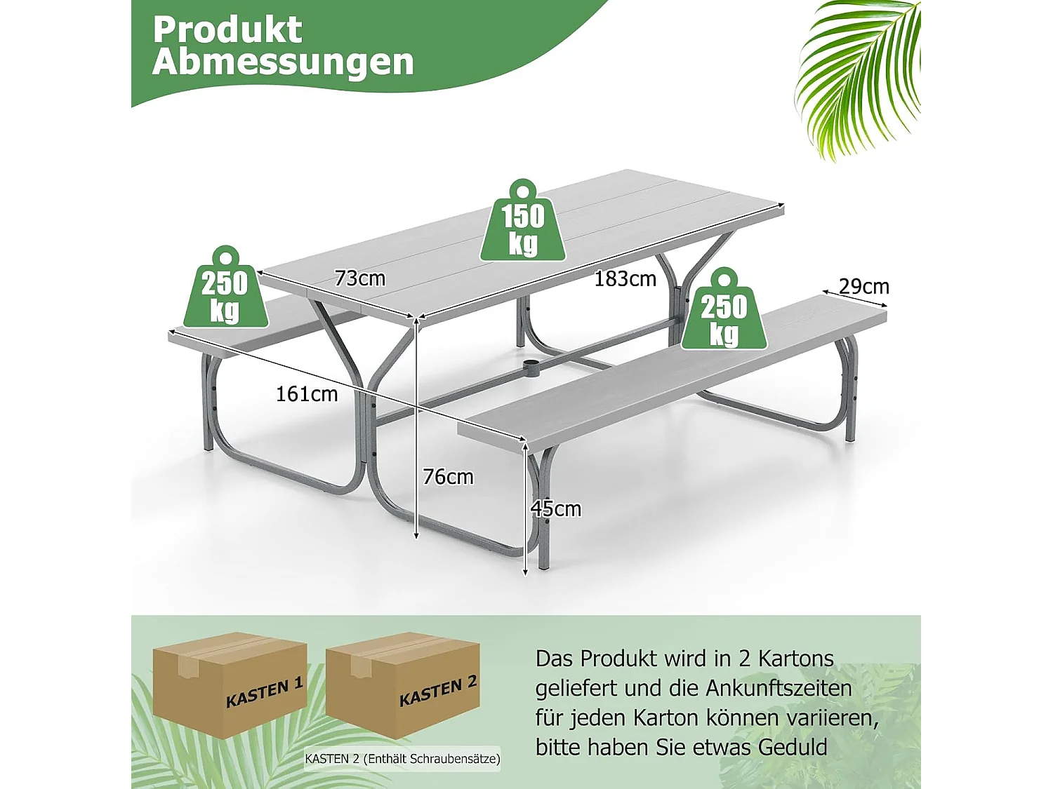 Biertentgarnituur, 183 cm, biertafelset met weerbestendig HDPE-tafelblad en parasolgat, biertafel met 2 banken, zitgarnituur voor 6-8 personen voor tuin ZB33488