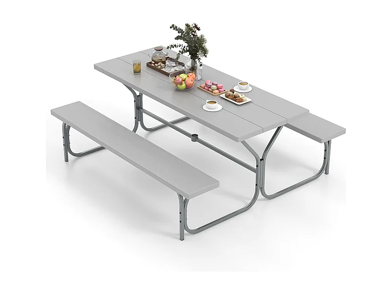 Biertentgarnituur, 183 cm, biertafelset met weerbestendig HDPE-tafelblad en parasolgat, biertafel met 2 banken, zitgarnituur voor 6-8 personen voor tuin ZB33488