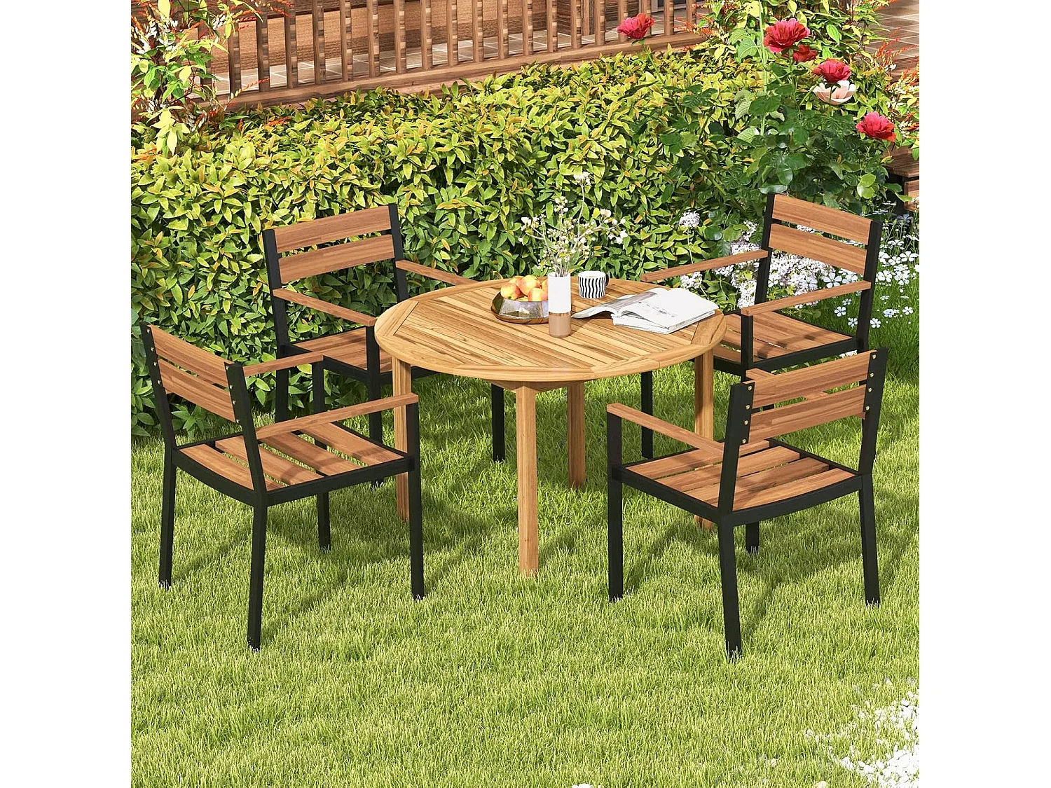 Tuintafel van acaciahout, eettafel rond voor 4 personen, terrassen, bistrotafel, houten tafel voor binnenplaats, terras, gazon en eetkamer, 100 x 100 x 75 cm
