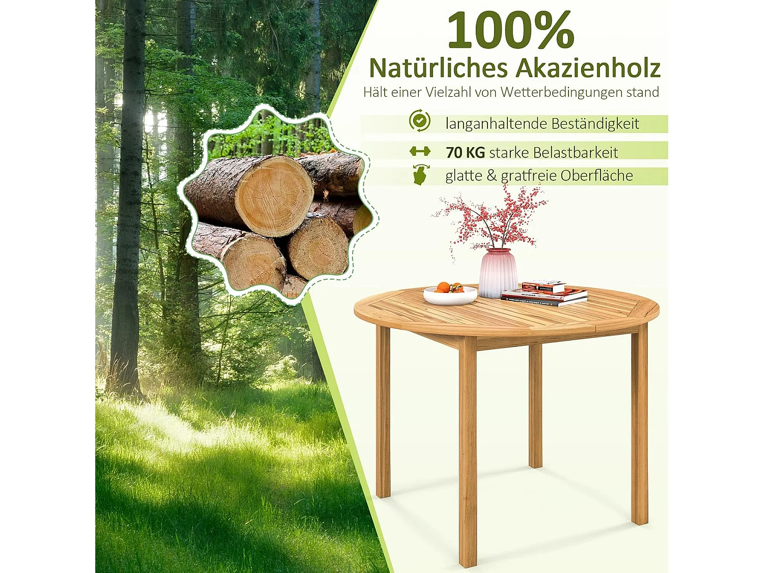 Tuintafel van acaciahout, eettafel rond voor 4 personen, terrassen, bistrotafel, houten tafel voor binnenplaats, terras, gazon en eetkamer, 100 x 100 x 75 cm