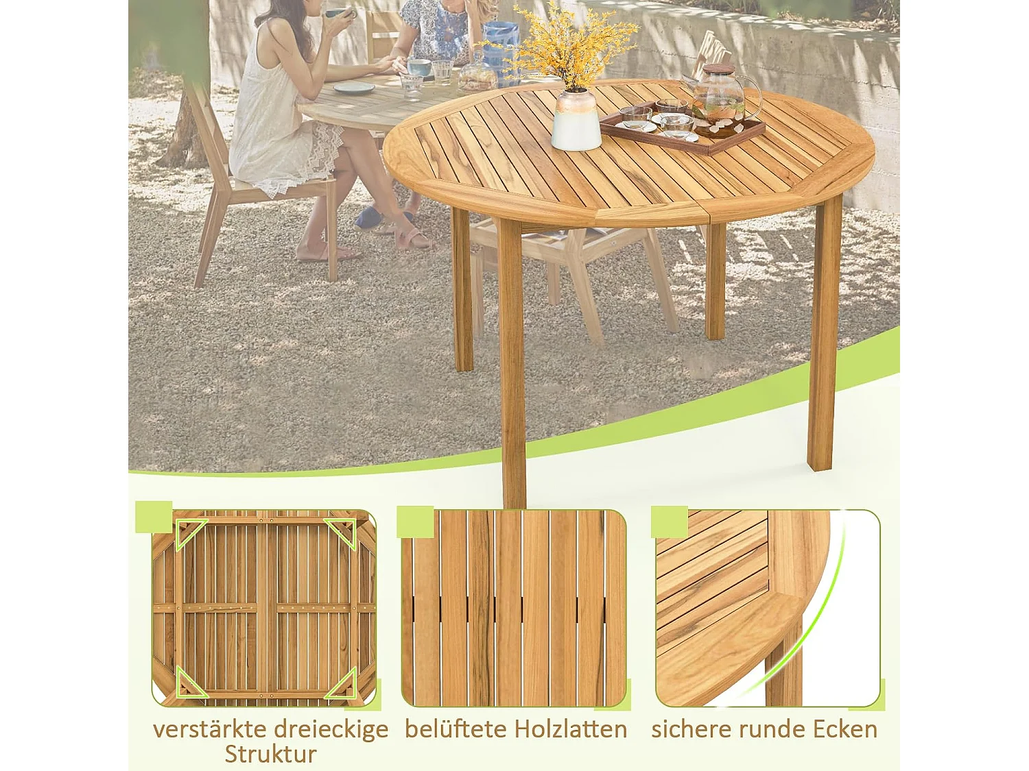 Tuintafel van acaciahout, eettafel rond voor 4 personen, terrassen, bistrotafel, houten tafel voor binnenplaats, terras, gazon en eetkamer, 100 x 100 x 75 cm