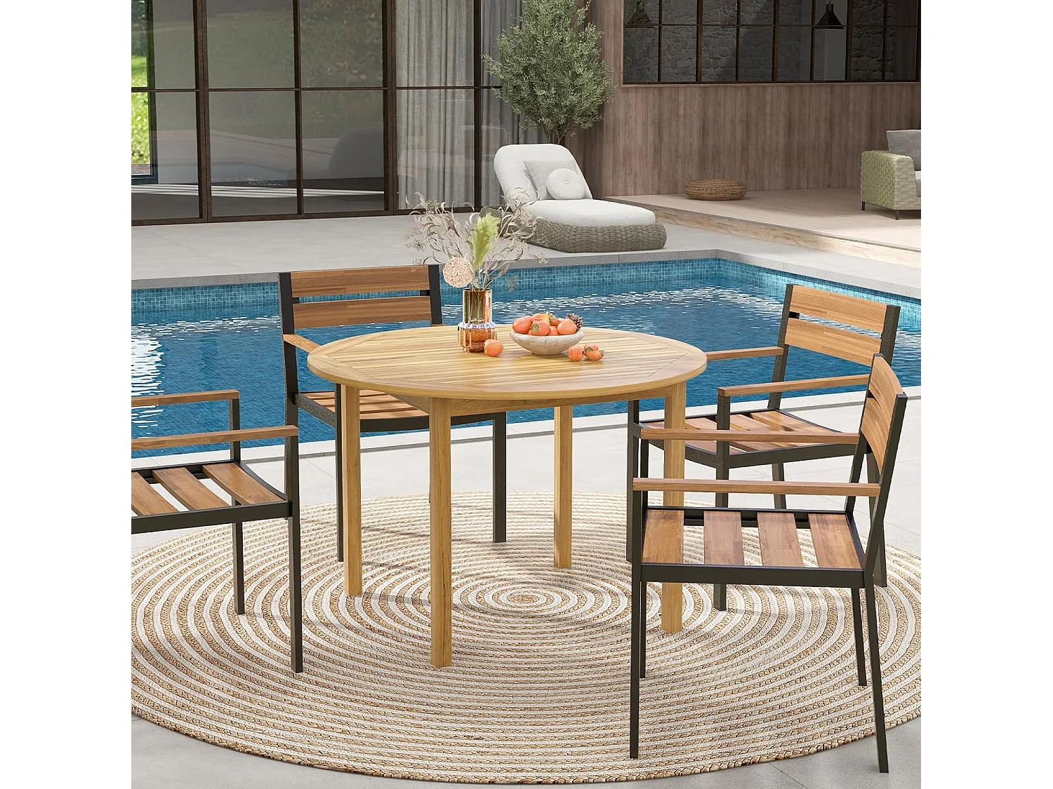 Tuintafel van acaciahout, eettafel rond voor 4 personen, terrassen, bistrotafel, houten tafel voor binnenplaats, terras, gazon en eetkamer, 100 x 100 x 75 cm