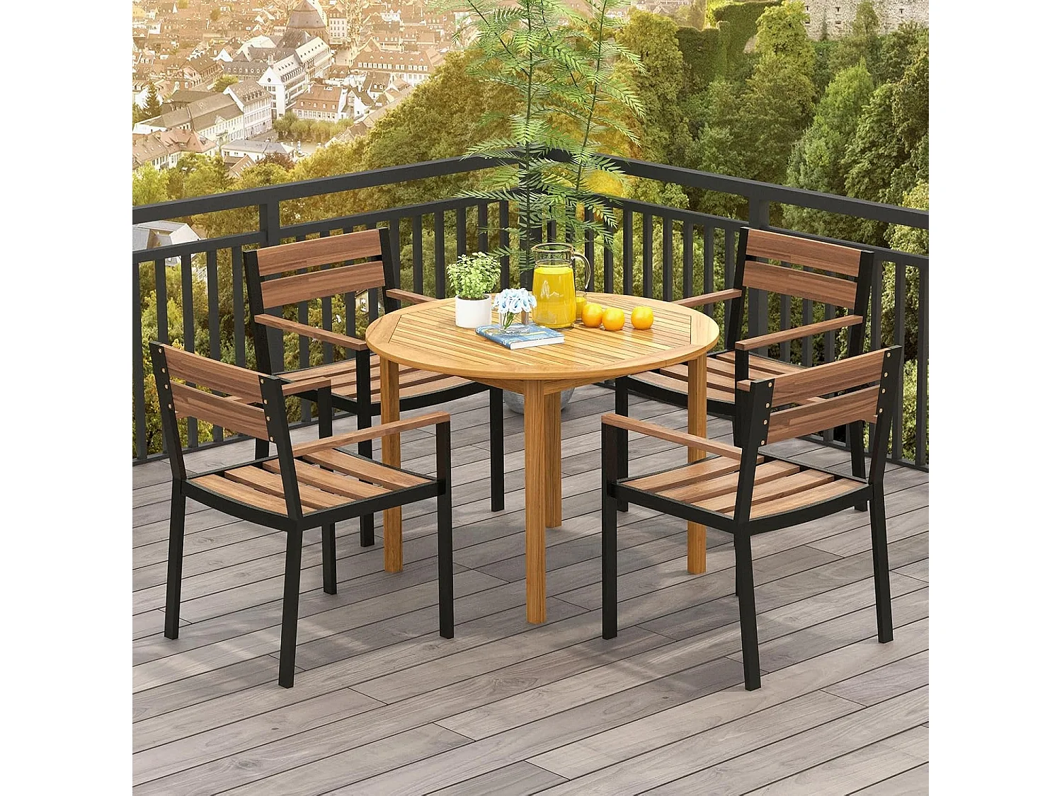 Tuintafel van acaciahout, eettafel rond voor 4 personen, terrassen, bistrotafel, houten tafel voor binnenplaats, terras, gazon en eetkamer, 100 x 100 x 75 cm