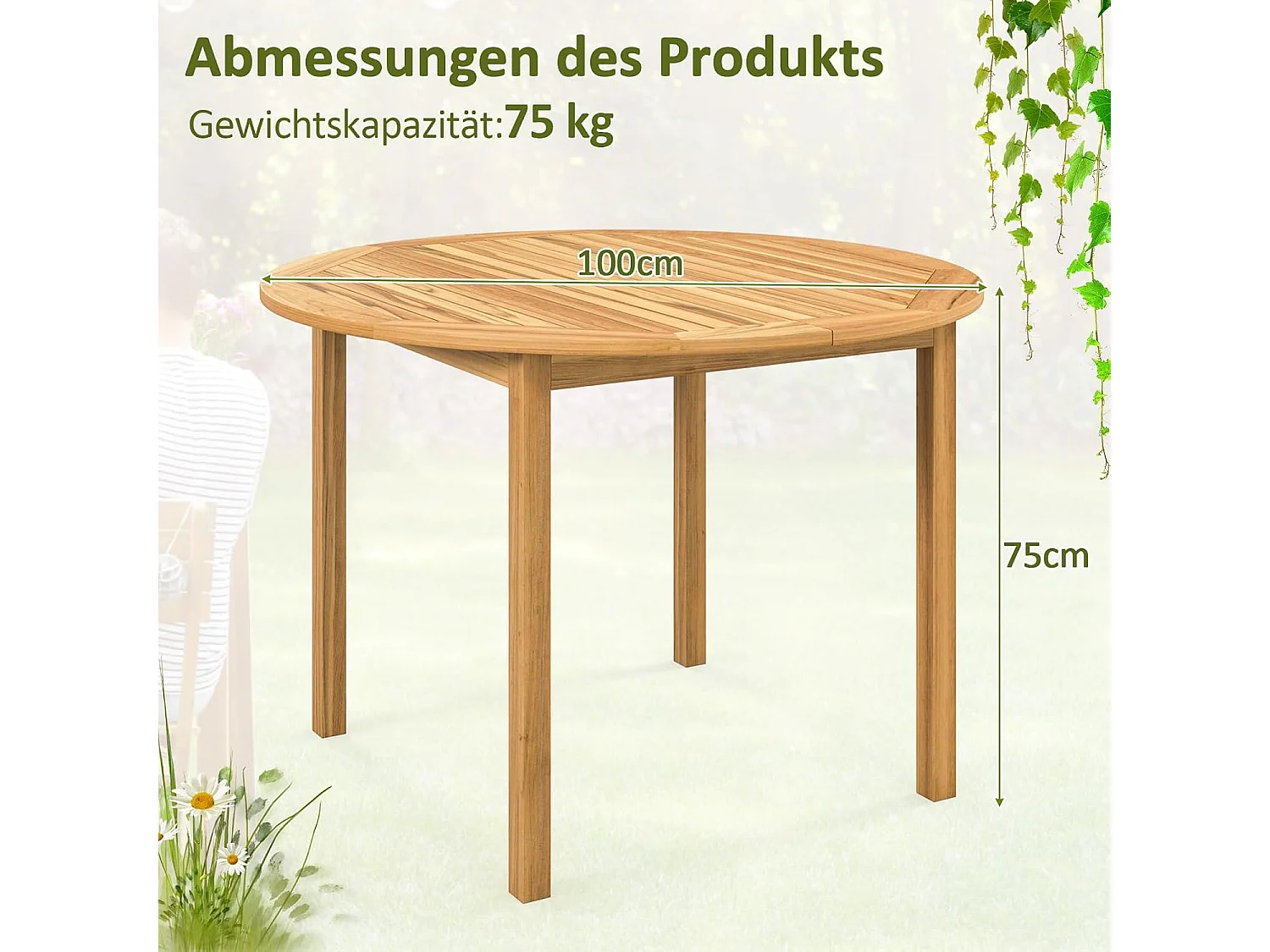 Tuintafel van acaciahout, eettafel rond voor 4 personen, terrassen, bistrotafel, houten tafel voor binnenplaats, terras, gazon en eetkamer, 100 x 100 x 75 cm