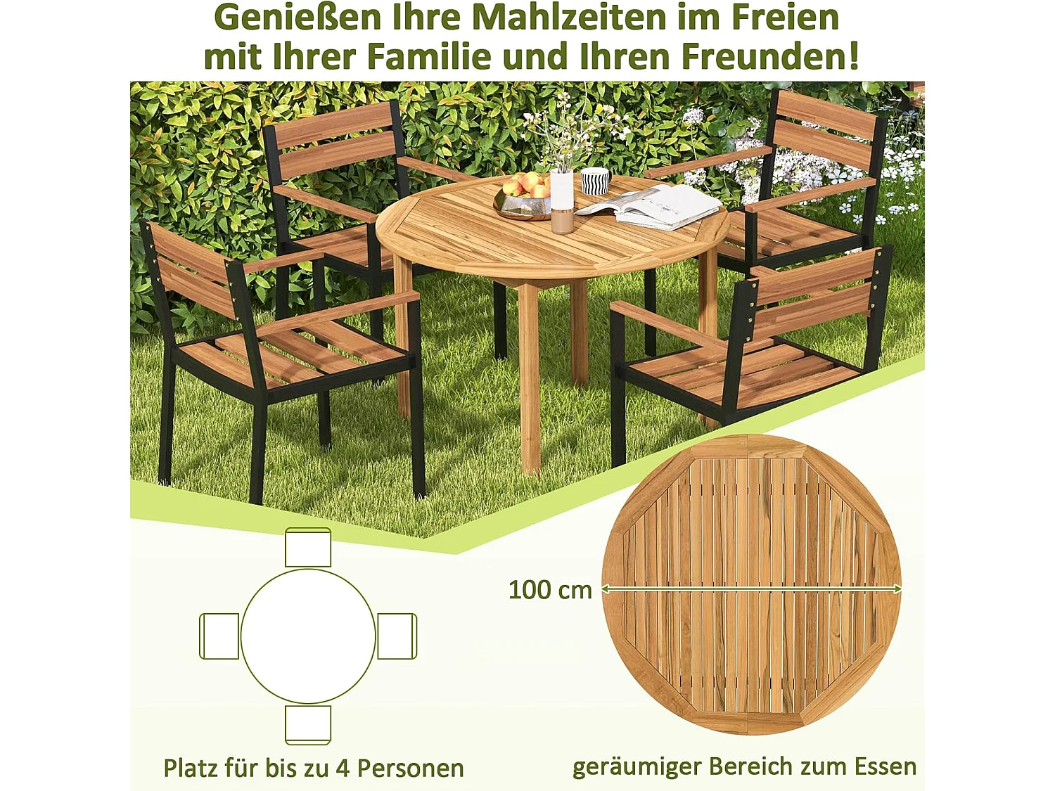 Tuintafel van acaciahout, eettafel rond voor 4 personen, terrassen, bistrotafel, houten tafel voor binnenplaats, terras, gazon en eetkamer, 100 x 100 x 75 cm