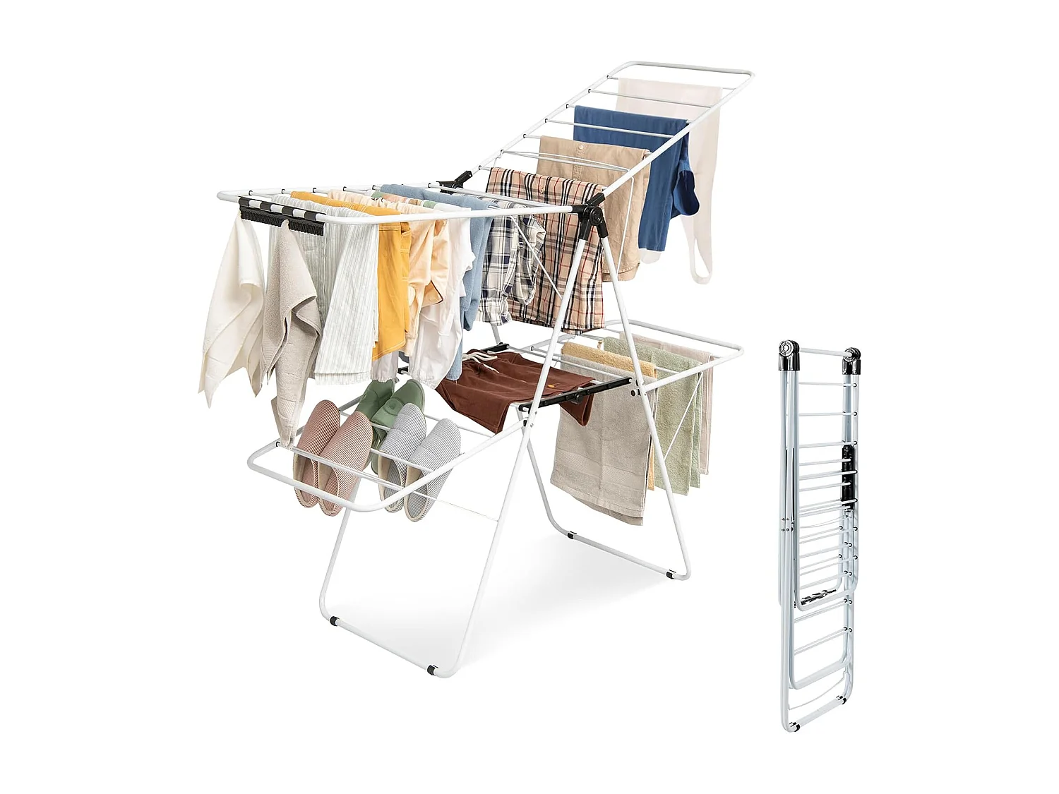 Opvouwbaar wasrek 2-traps, wasdroger met in hoogte verstelbare vleugels en antislip voeten, vleugeldroogrek, stalen frame, vleugelwasrek, staand droogrek, wit