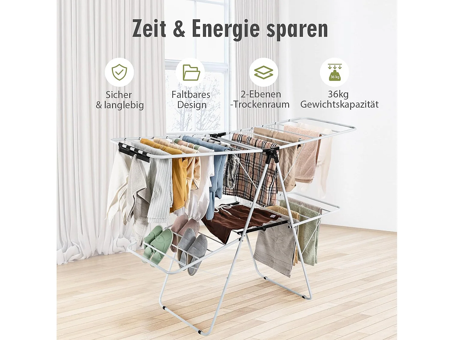 Opvouwbaar wasrek 2-traps, wasdroger met in hoogte verstelbare vleugels en antislip voeten, vleugeldroogrek, stalen frame, vleugelwasrek, staand droogrek, wit