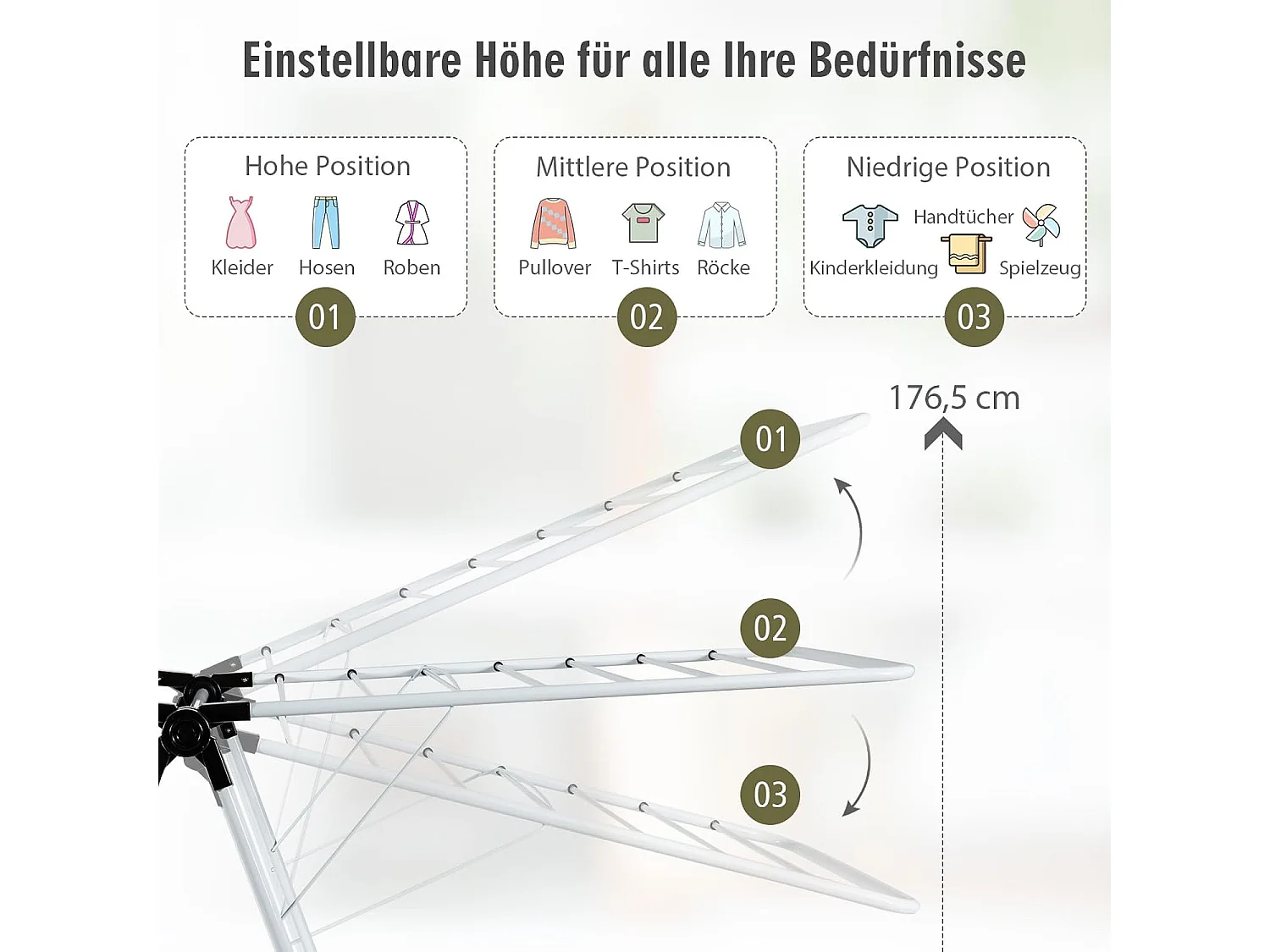 Opvouwbaar wasrek 2-traps, wasdroger met in hoogte verstelbare vleugels en antislip voeten, vleugeldroogrek, stalen frame, vleugelwasrek, staand droogrek, wit