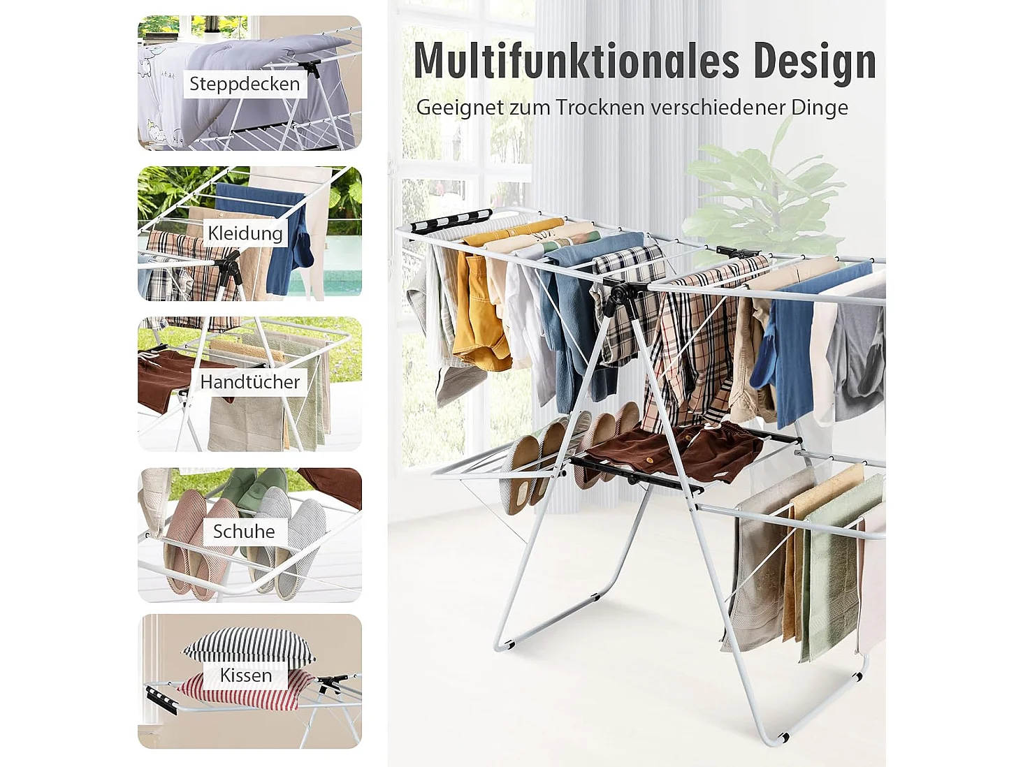 Opvouwbaar wasrek 2-traps, wasdroger met in hoogte verstelbare vleugels en antislip voeten, vleugeldroogrek, stalen frame, vleugelwasrek, staand droogrek, wit
