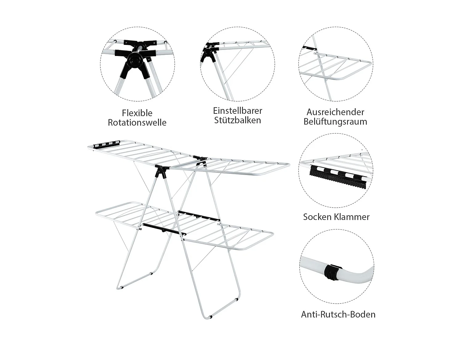 Opvouwbaar wasrek 2-traps, wasdroger met in hoogte verstelbare vleugels en antislip voeten, vleugeldroogrek, stalen frame, vleugelwasrek, staand droogrek, wit