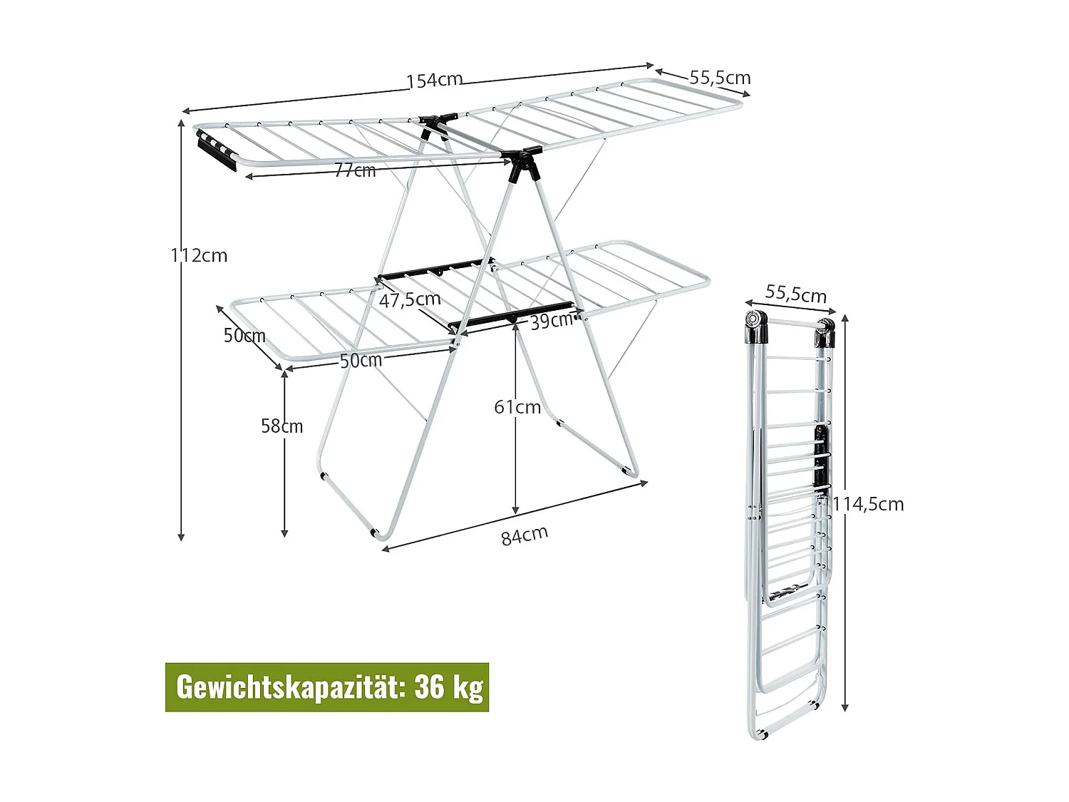 Opvouwbaar wasrek 2-traps, wasdroger met in hoogte verstelbare vleugels en antislip voeten, vleugeldroogrek, stalen frame, vleugelwasrek, staand droogrek, wit