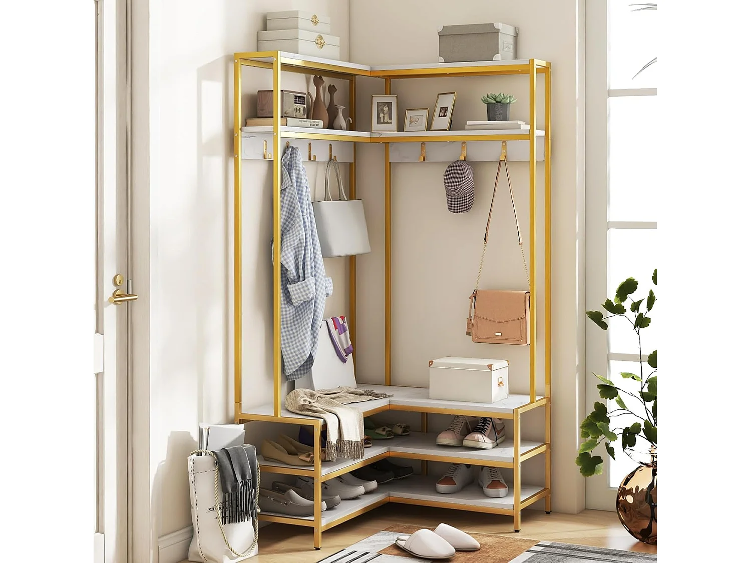 Hoekkapstok met zitbank, L-vormige kledingstandaard met open planken en 7 haken,halgarderobe voor hal en slaapkamer, 90 x 90 x 178 cm (wit + goud)TG32777