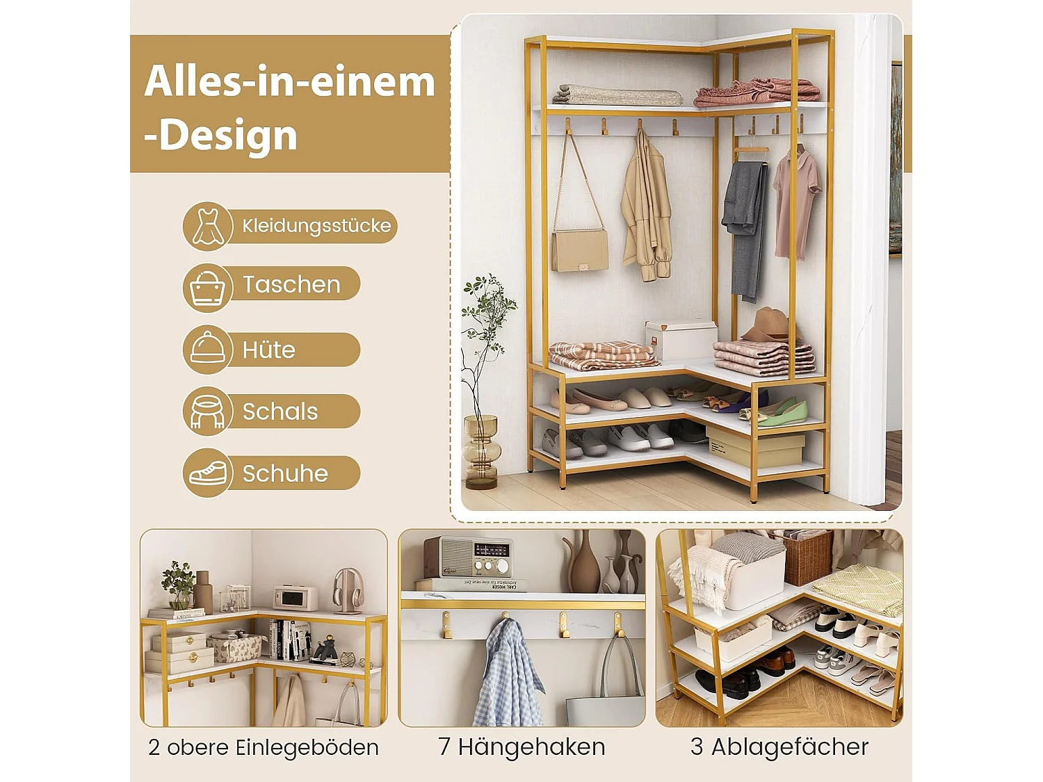 Hoekkapstok met zitbank, L-vormige kledingstandaard met open planken en 7 haken,halgarderobe voor hal en slaapkamer, 90 x 90 x 178 cm (wit + goud)TG32777