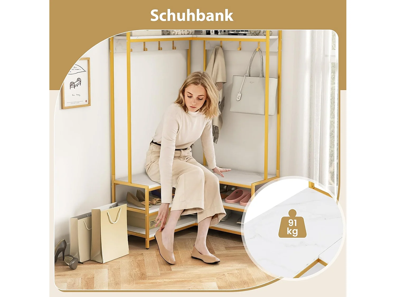 Hoekkapstok met zitbank, L-vormige kledingstandaard met open planken en 7 haken,halgarderobe voor hal en slaapkamer, 90 x 90 x 178 cm (wit + goud)TG32777