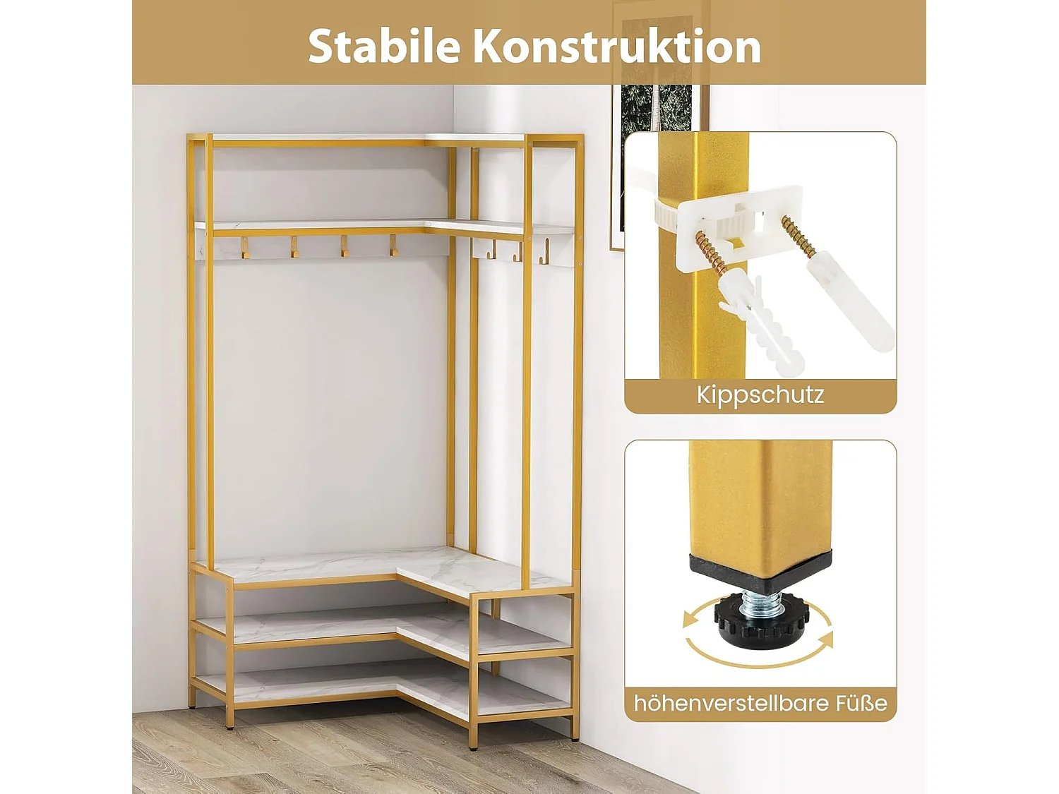 Hoekkapstok met zitbank, L-vormige kledingstandaard met open planken en 7 haken,halgarderobe voor hal en slaapkamer, 90 x 90 x 178 cm (wit + goud)TG32777