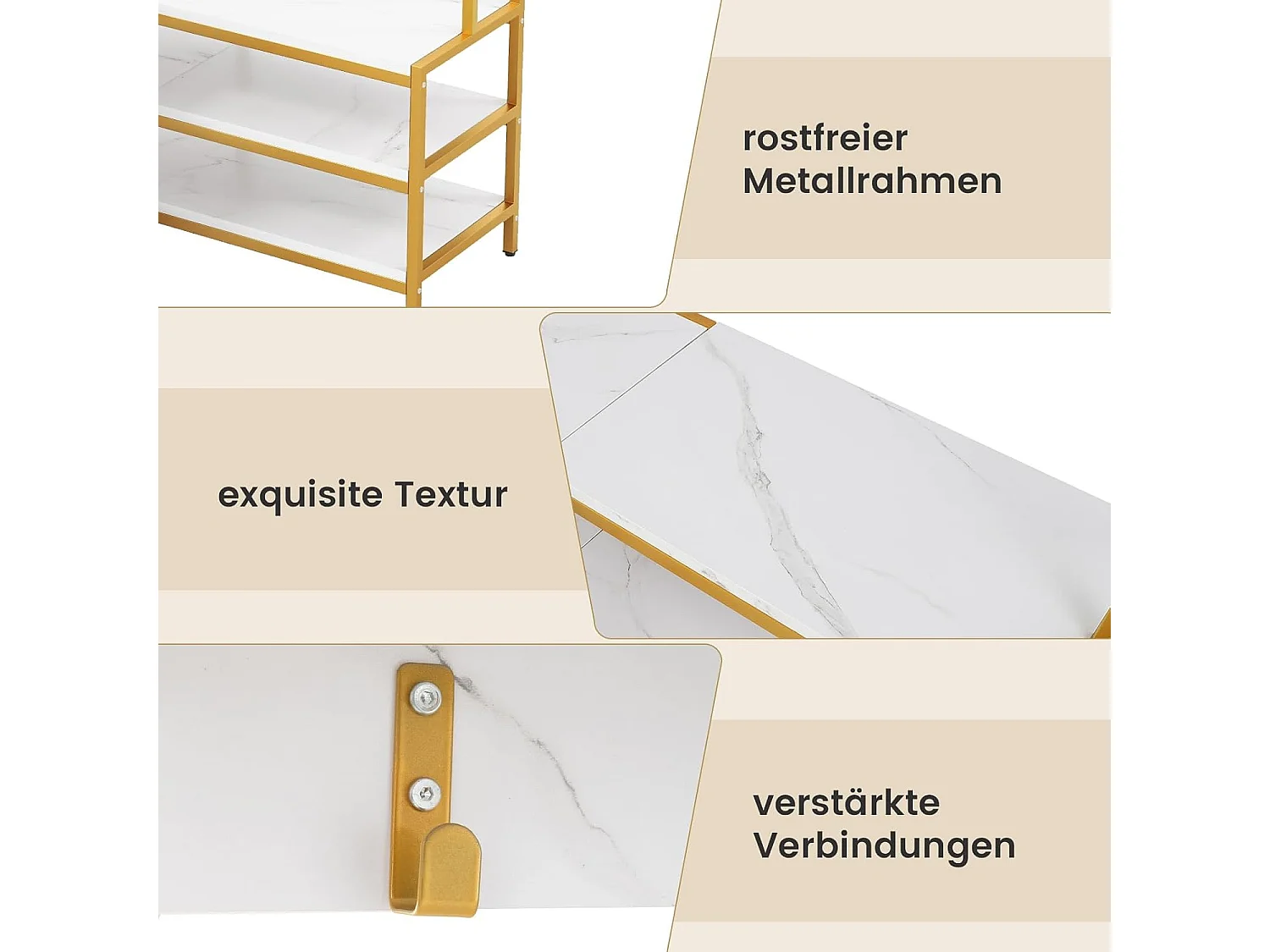Hoekkapstok met zitbank, L-vormige kledingstandaard met open planken en 7 haken,halgarderobe voor hal en slaapkamer, 90 x 90 x 178 cm (wit + goud)TG32777