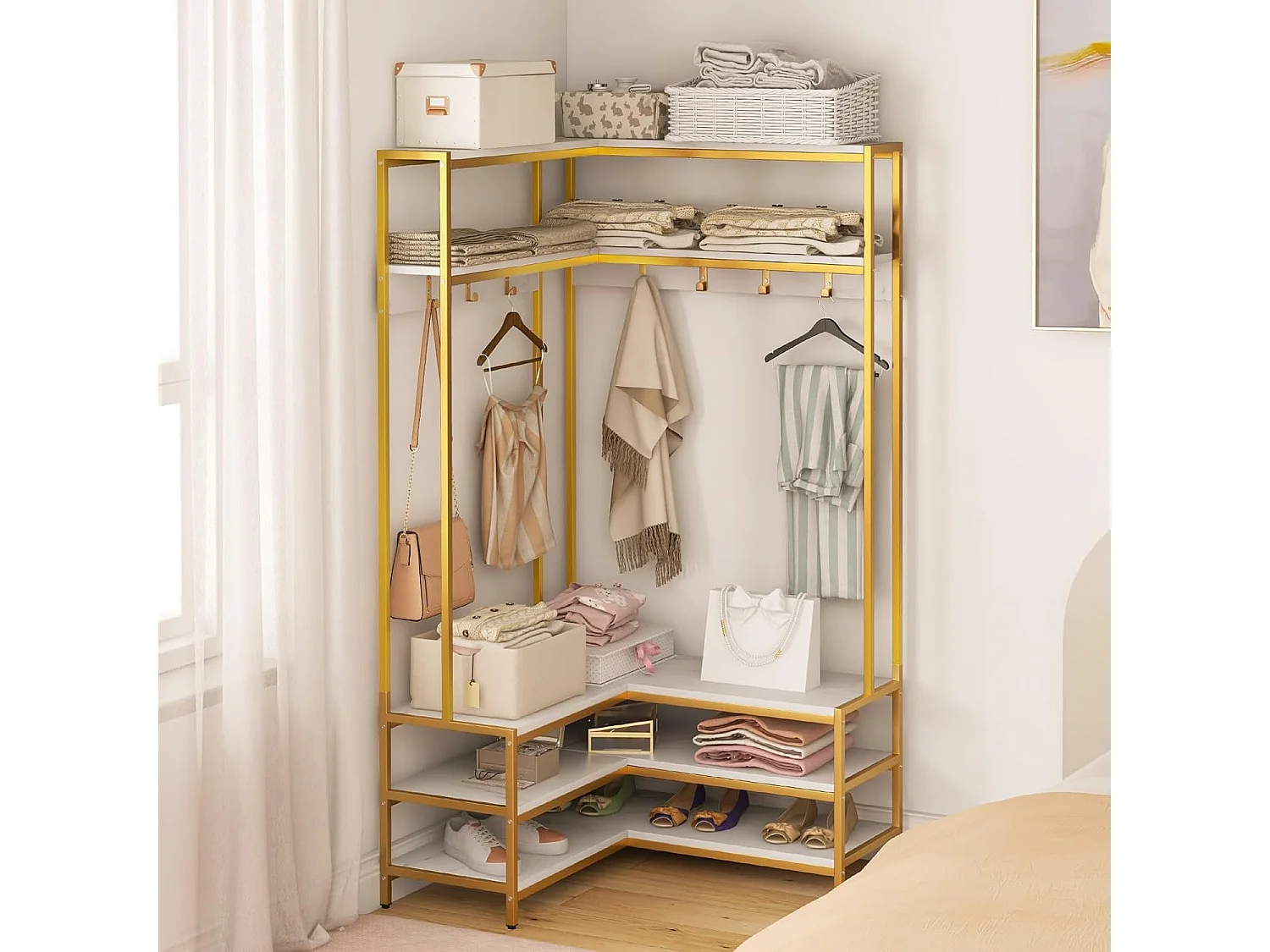 Hoekkapstok met zitbank, L-vormige kledingstandaard met open planken en 7 haken,halgarderobe voor hal en slaapkamer, 90 x 90 x 178 cm (wit + goud)TG32777