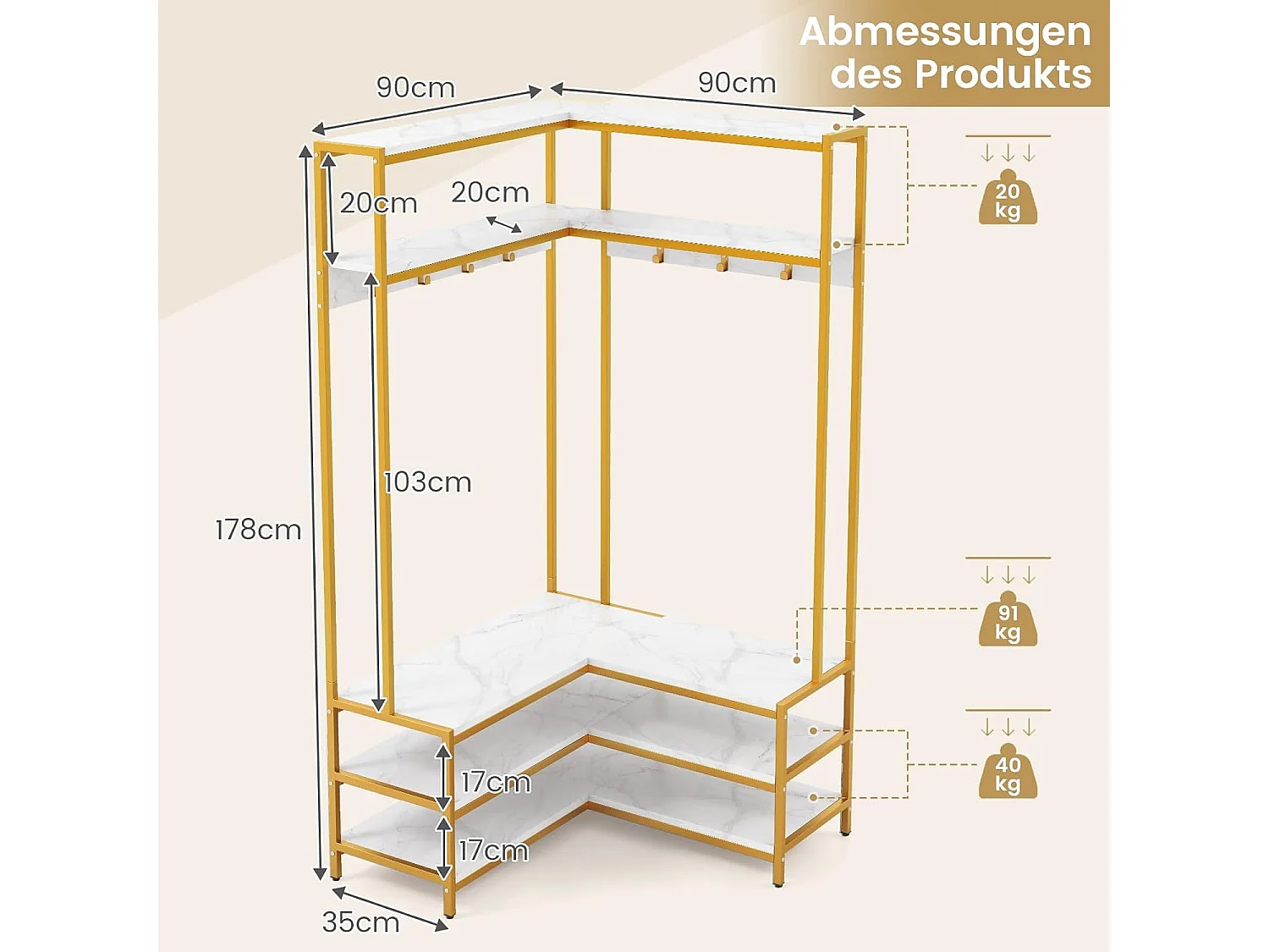 Hoekkapstok met zitbank, L-vormige kledingstandaard met open planken en 7 haken,halgarderobe voor hal en slaapkamer, 90 x 90 x 178 cm (wit + goud)TG32777
