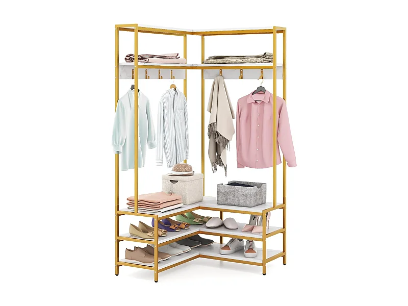 Hoekkapstok met zitbank, L-vormige kledingstandaard met open planken en 7 haken,halgarderobe voor hal en slaapkamer, 90 x 90 x 178 cm (wit + goud)TG32777