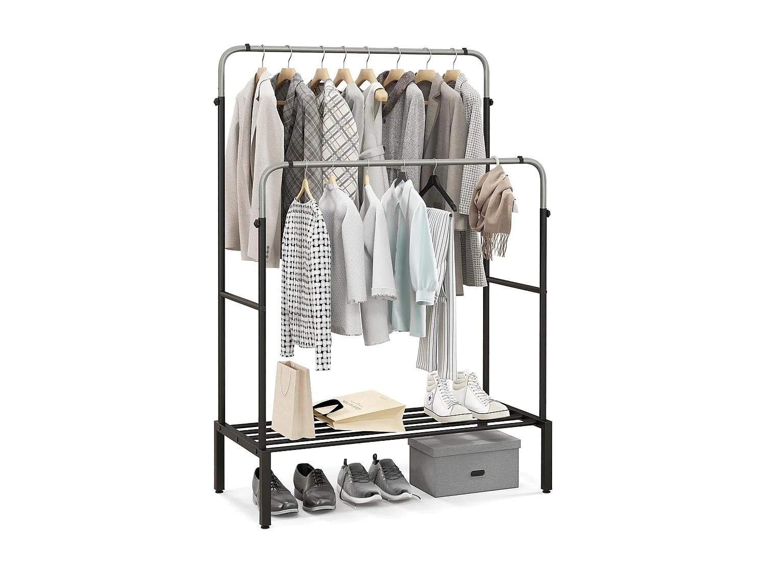 Kledingrek met 2 kledingstangen, dubbele kapstok met verstelbare hoogtes, vrijstaande metalen kapstok voor slaapkamer, 108 x 50 x 125 cmVL32389