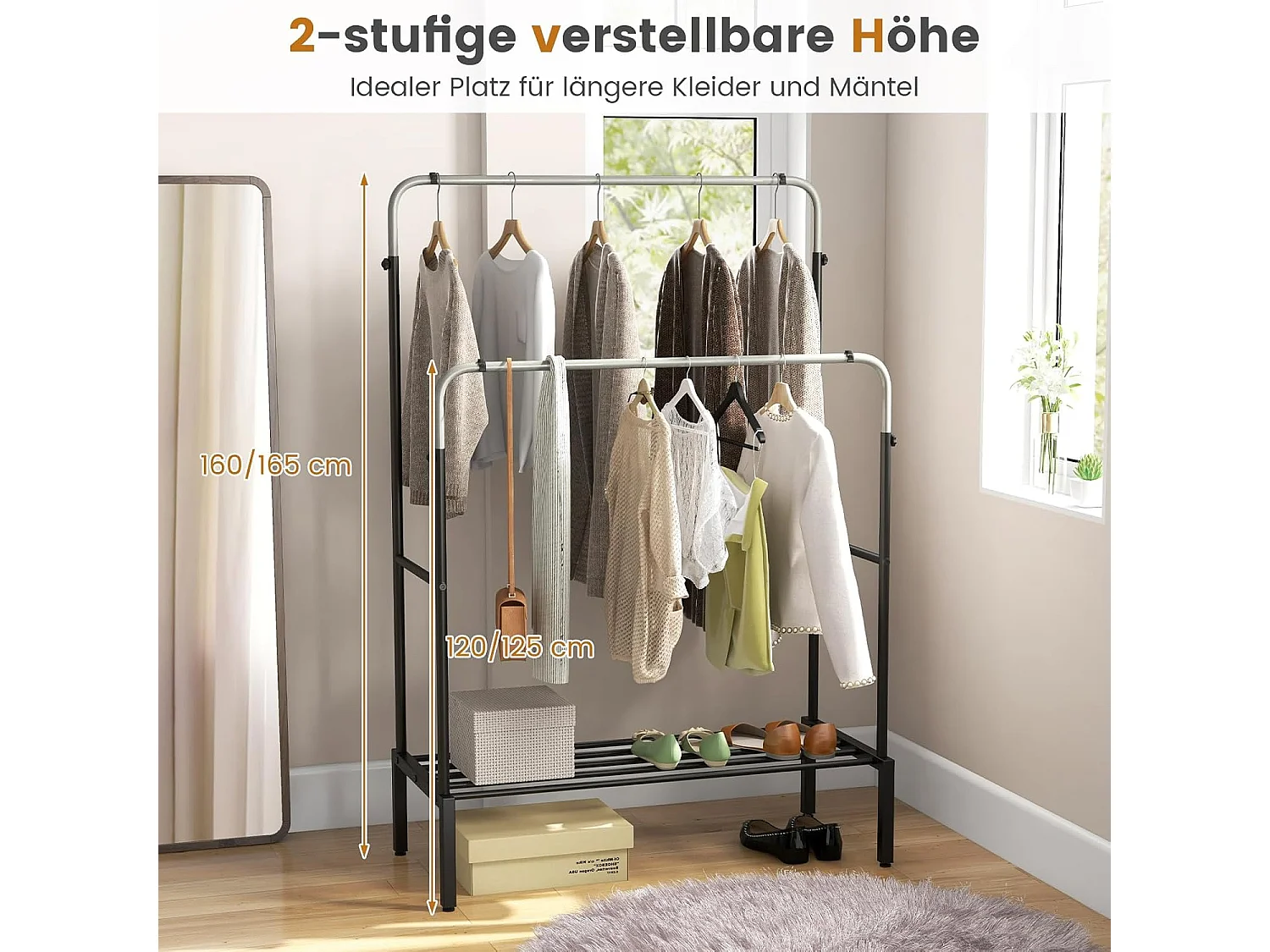 Kledingrek met 2 kledingstangen, dubbele kapstok met verstelbare hoogtes, vrijstaande metalen kapstok voor slaapkamer, 108 x 50 x 125 cmVL32389