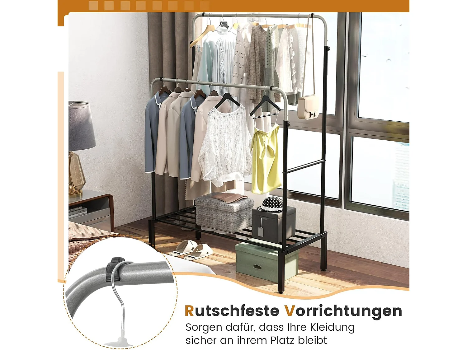 Kledingrek met 2 kledingstangen, dubbele kapstok met verstelbare hoogtes, vrijstaande metalen kapstok voor slaapkamer, 108 x 50 x 125 cmVL32389