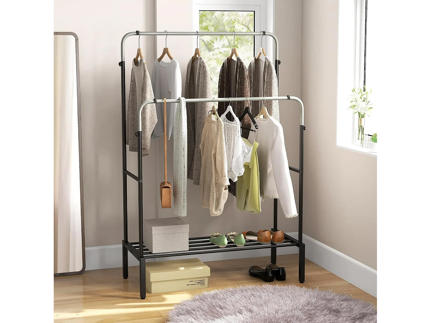 Kledingrek met 2 kledingstangen, dubbele kapstok met verstelbare hoogtes, vrijstaande metalen kapstok voor slaapkamer, 108 x 50 x 125 cmVL32389