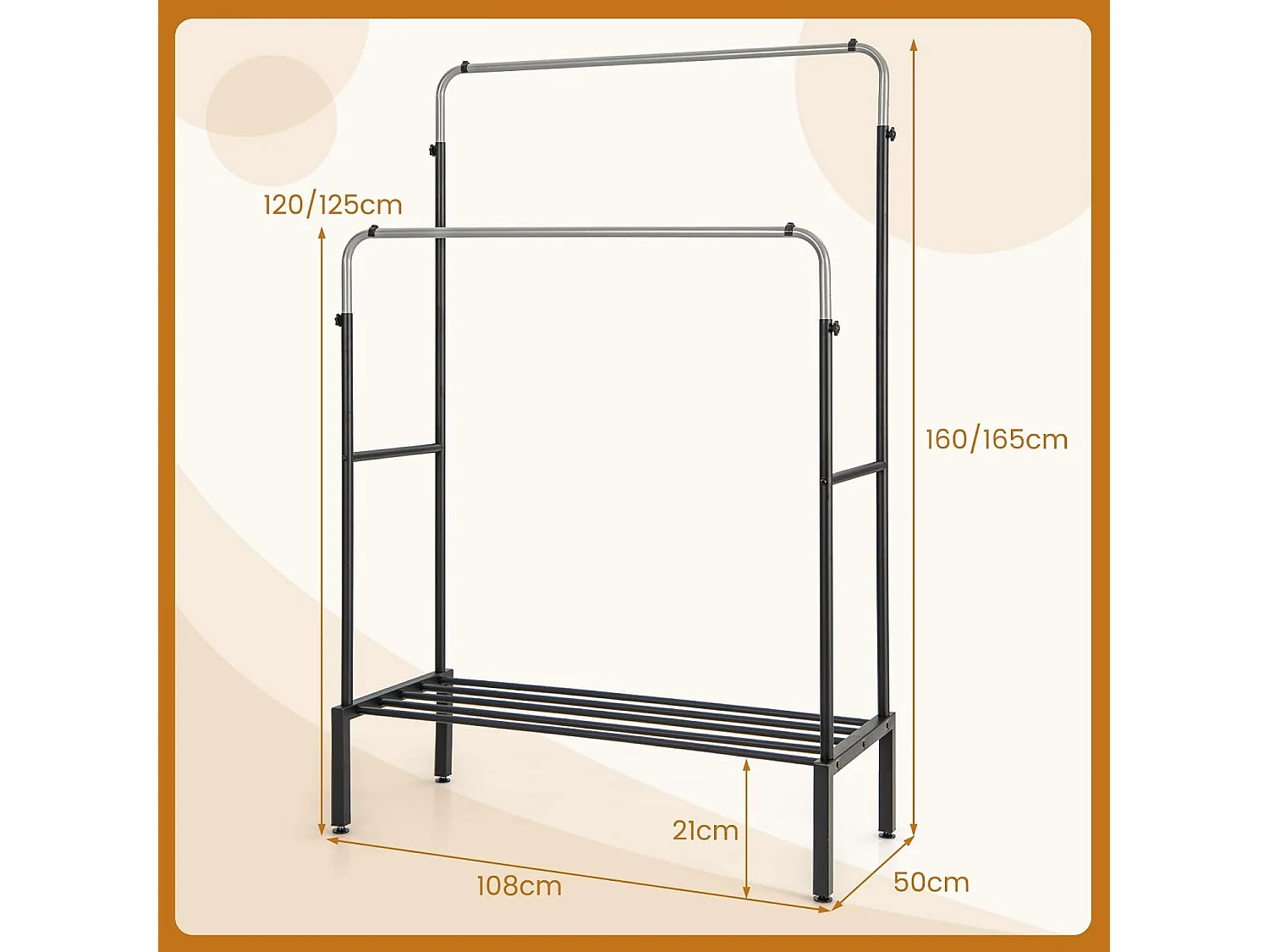 Kledingrek met 2 kledingstangen, dubbele kapstok met verstelbare hoogtes, vrijstaande metalen kapstok voor slaapkamer, 108 x 50 x 125 cmVL32389