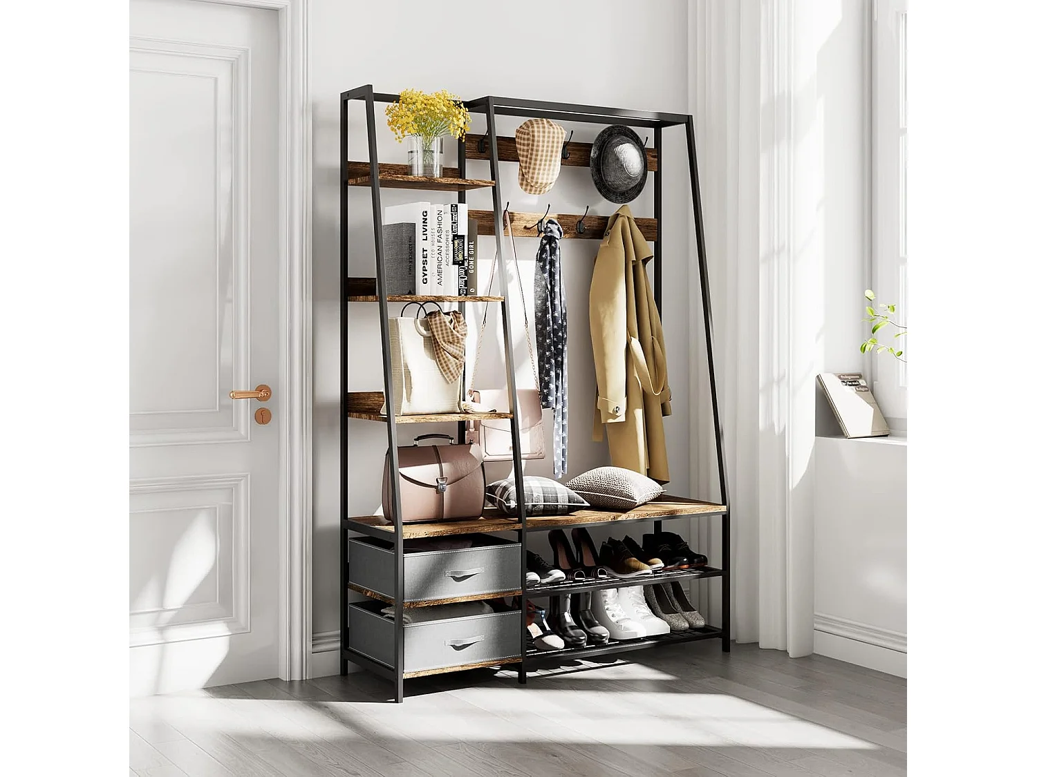 Kapstok met zitbank, garderobe met 6 niveaus, 9 dubbele haken, 2 stoffen commodes en schoenenrek, halgarderobe voor hal en slaapkamer,122 x 40 x 180 cmTG32468