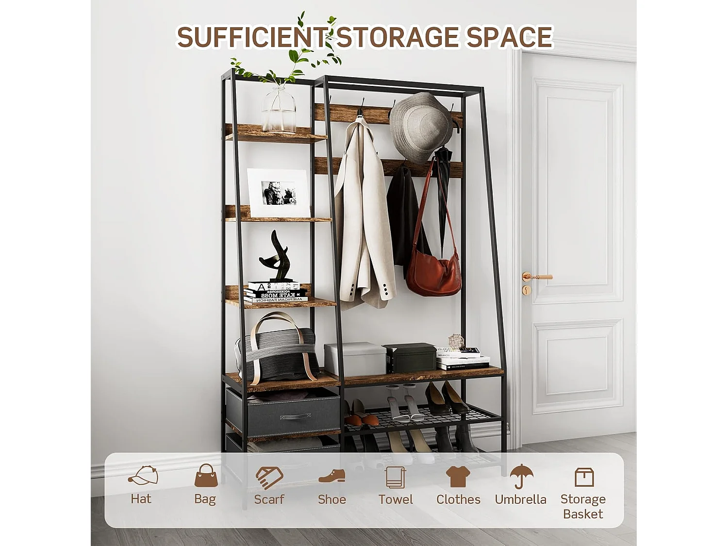 Kapstok met zitbank, garderobe met 6 niveaus, 9 dubbele haken, 2 stoffen commodes en schoenenrek, halgarderobe voor hal en slaapkamer,122 x 40 x 180 cmTG32468