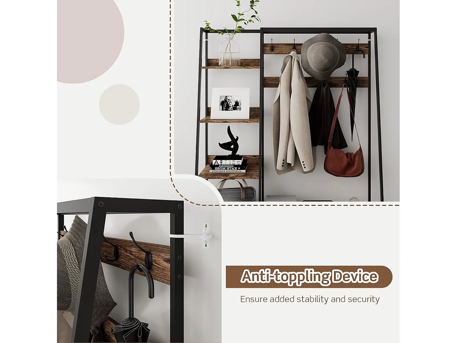 Kapstok met zitbank, garderobe met 6 niveaus, 9 dubbele haken, 2 stoffen commodes en schoenenrek, halgarderobe voor hal en slaapkamer,122 x 40 x 180 cmTG32468