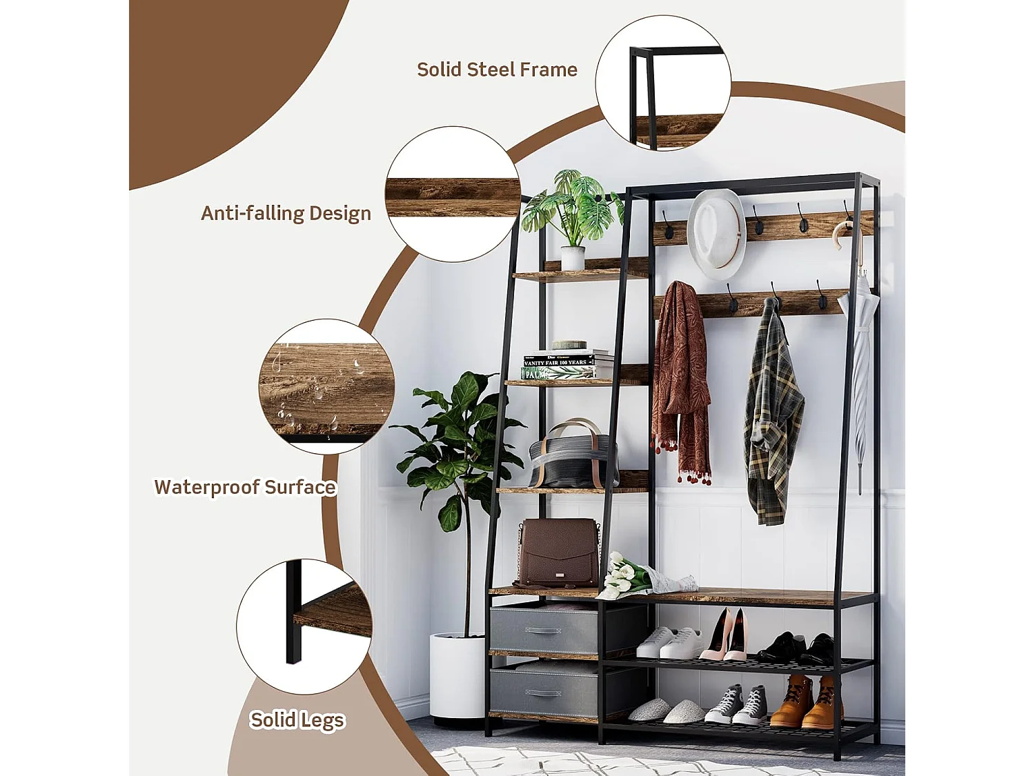 Kapstok met zitbank, garderobe met 6 niveaus, 9 dubbele haken, 2 stoffen commodes en schoenenrek, halgarderobe voor hal en slaapkamer,122 x 40 x 180 cmTG32468