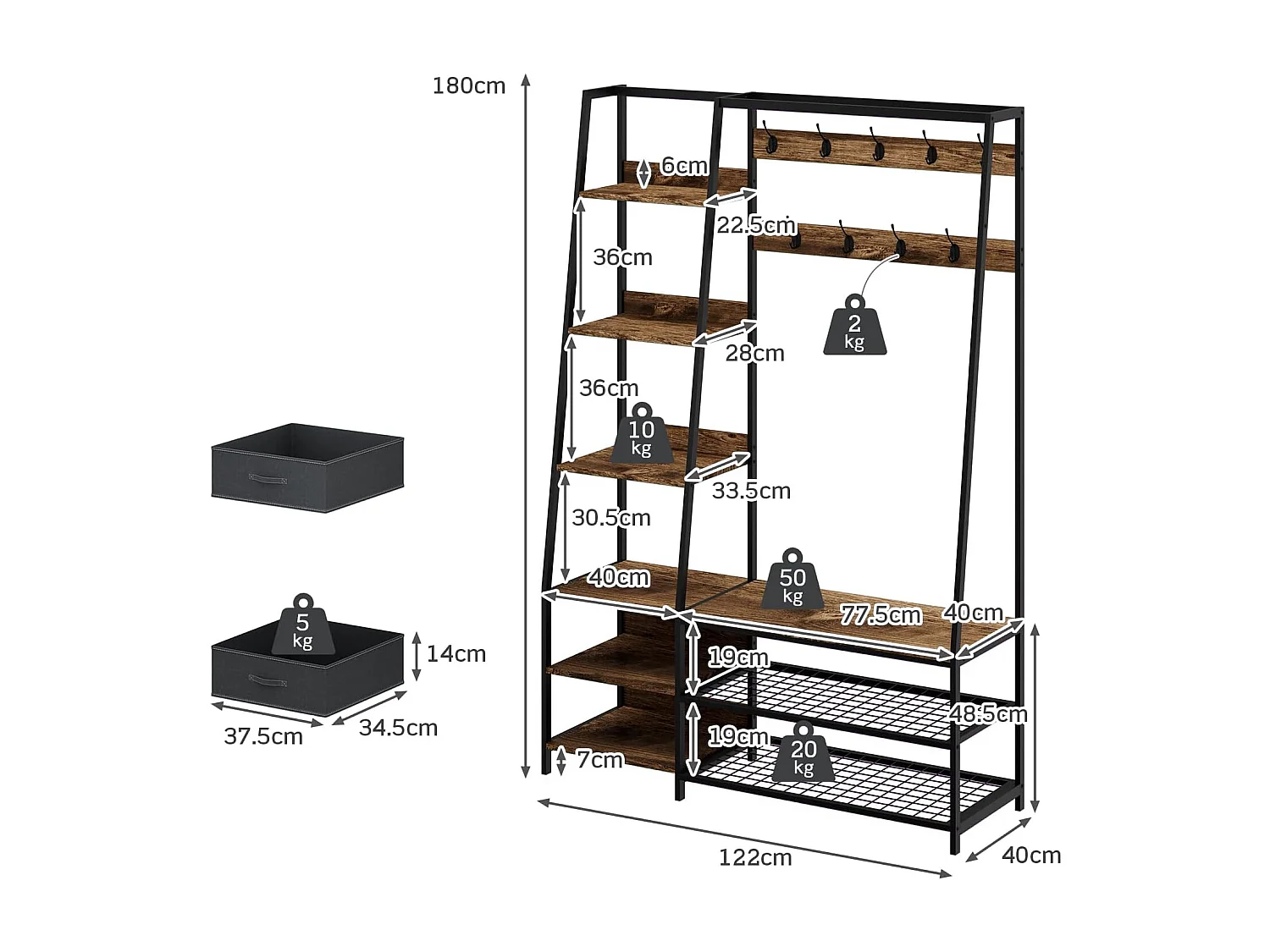 Kapstok met zitbank, garderobe met 6 niveaus, 9 dubbele haken, 2 stoffen commodes en schoenenrek, halgarderobe voor hal en slaapkamer,122 x 40 x 180 cmTG32468