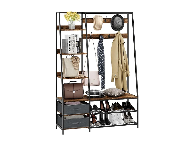 Kapstok met zitbank, garderobe met 6 niveaus, 9 dubbele haken, 2 stoffen commodes en schoenenrek, halgarderobe voor hal en slaapkamer,122 x 40 x 180 cmTG32468